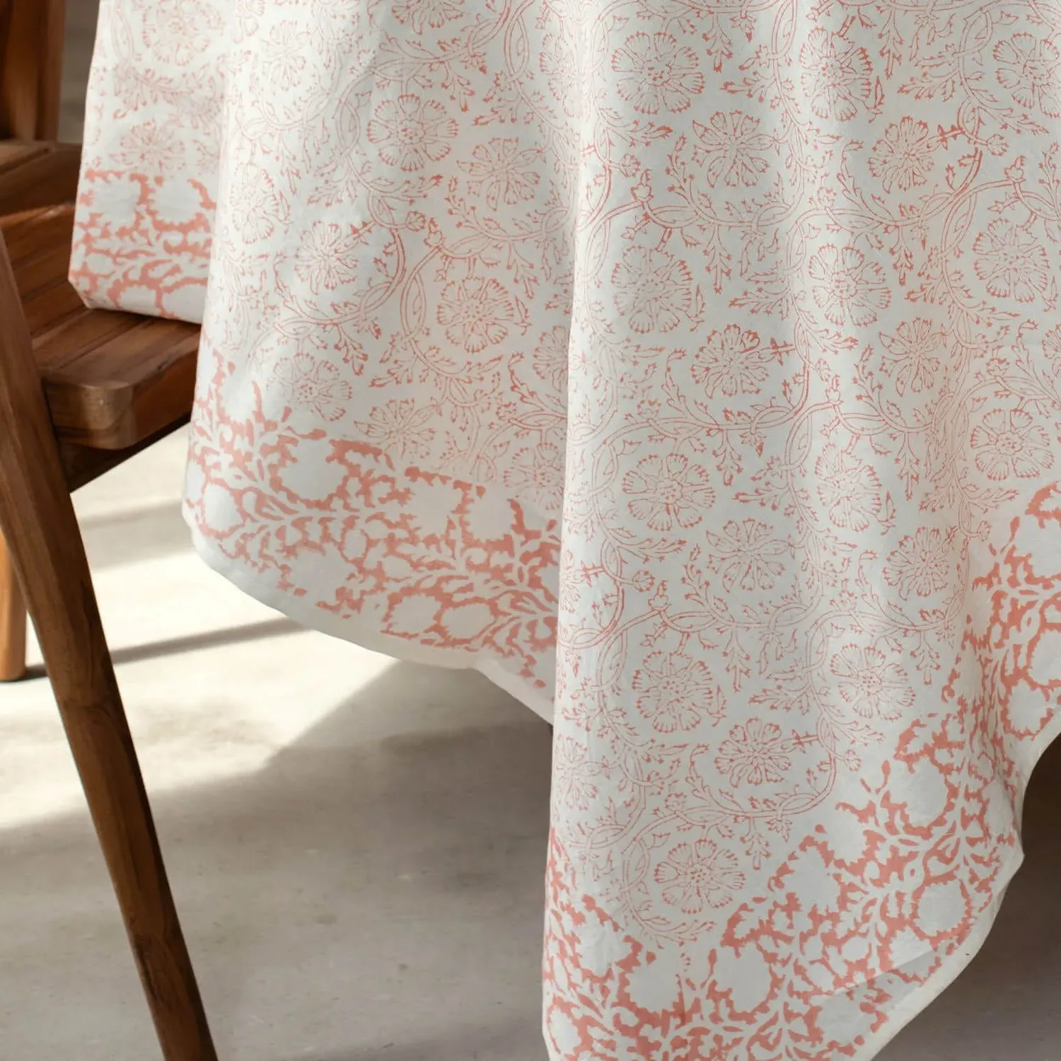 Merielle Extra Large Block Printed Tablecloth - Pink, Linen