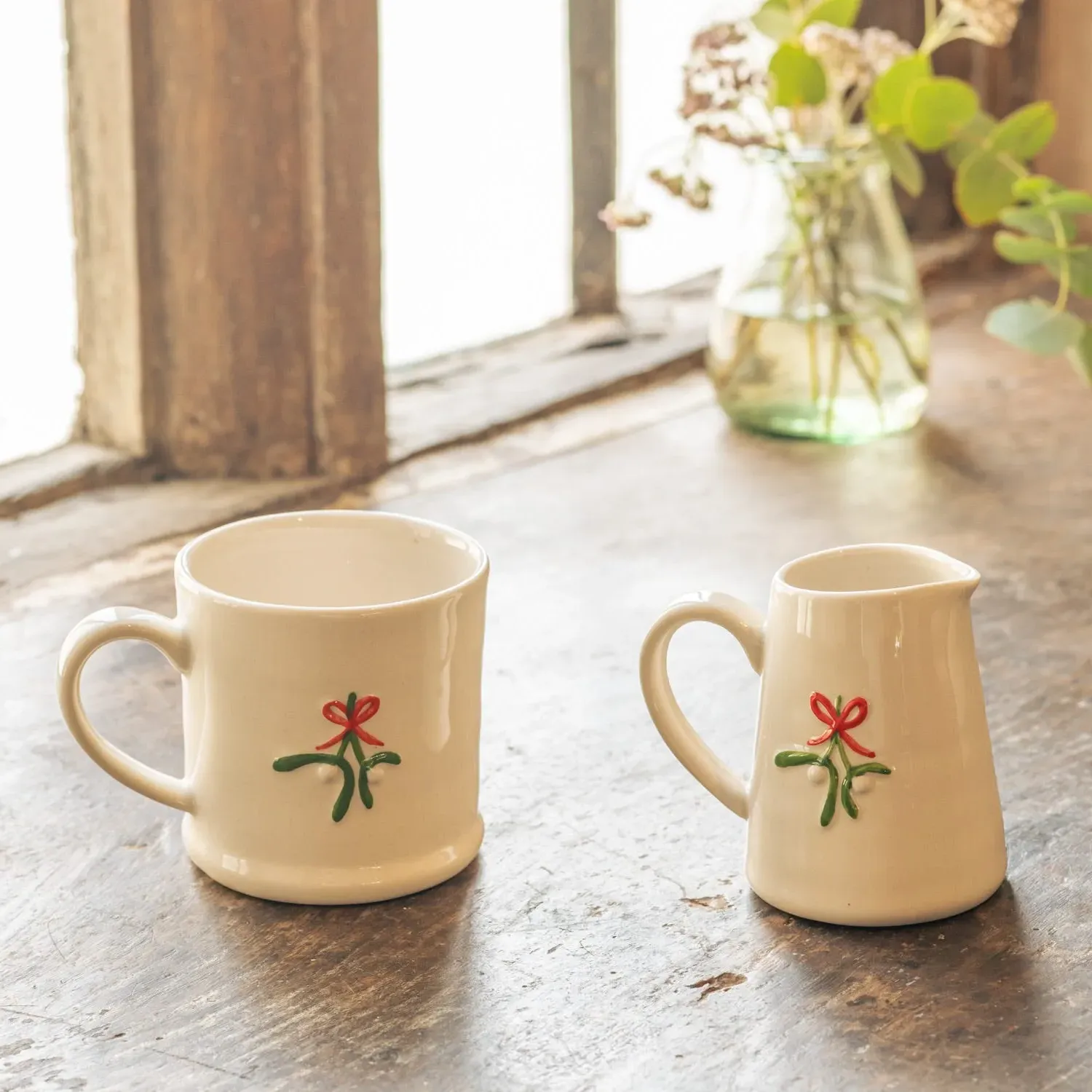 Mistletoe & Bow Motif Mini Jug - Stoneware