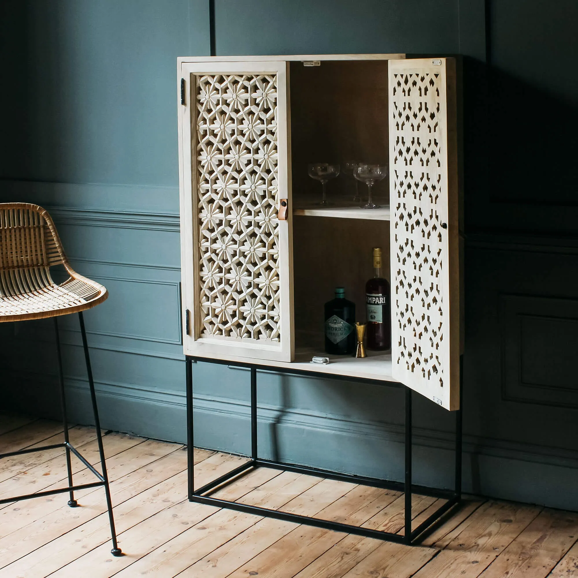 Momoka Hand-Carved Bar Cabinet - Mango Wood