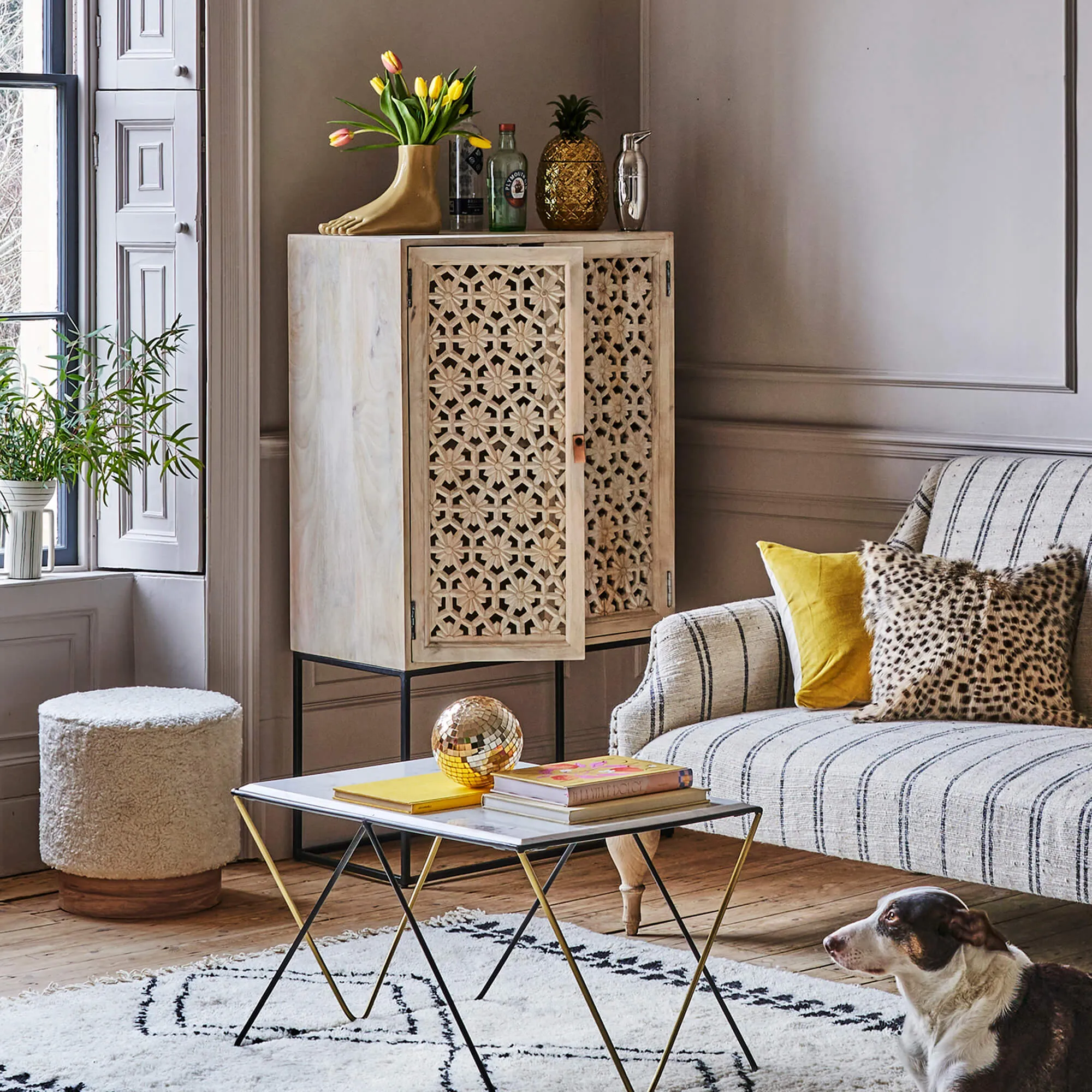 Momoka Hand-Carved Bar Cabinet - Mango Wood