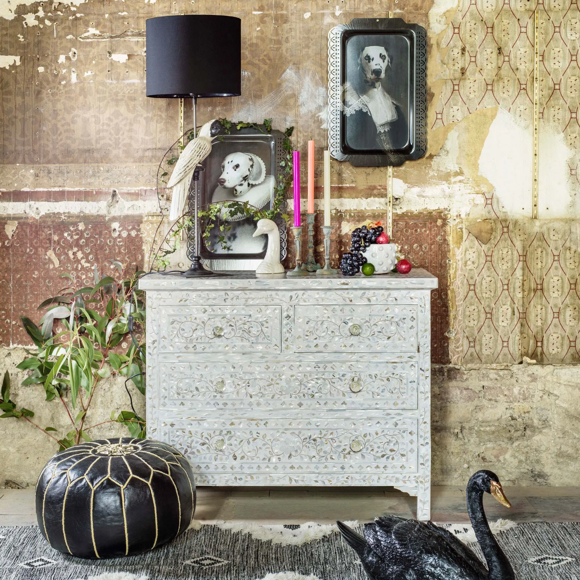 Mother of Pearl Chest of Drawers - White, Mango Wood