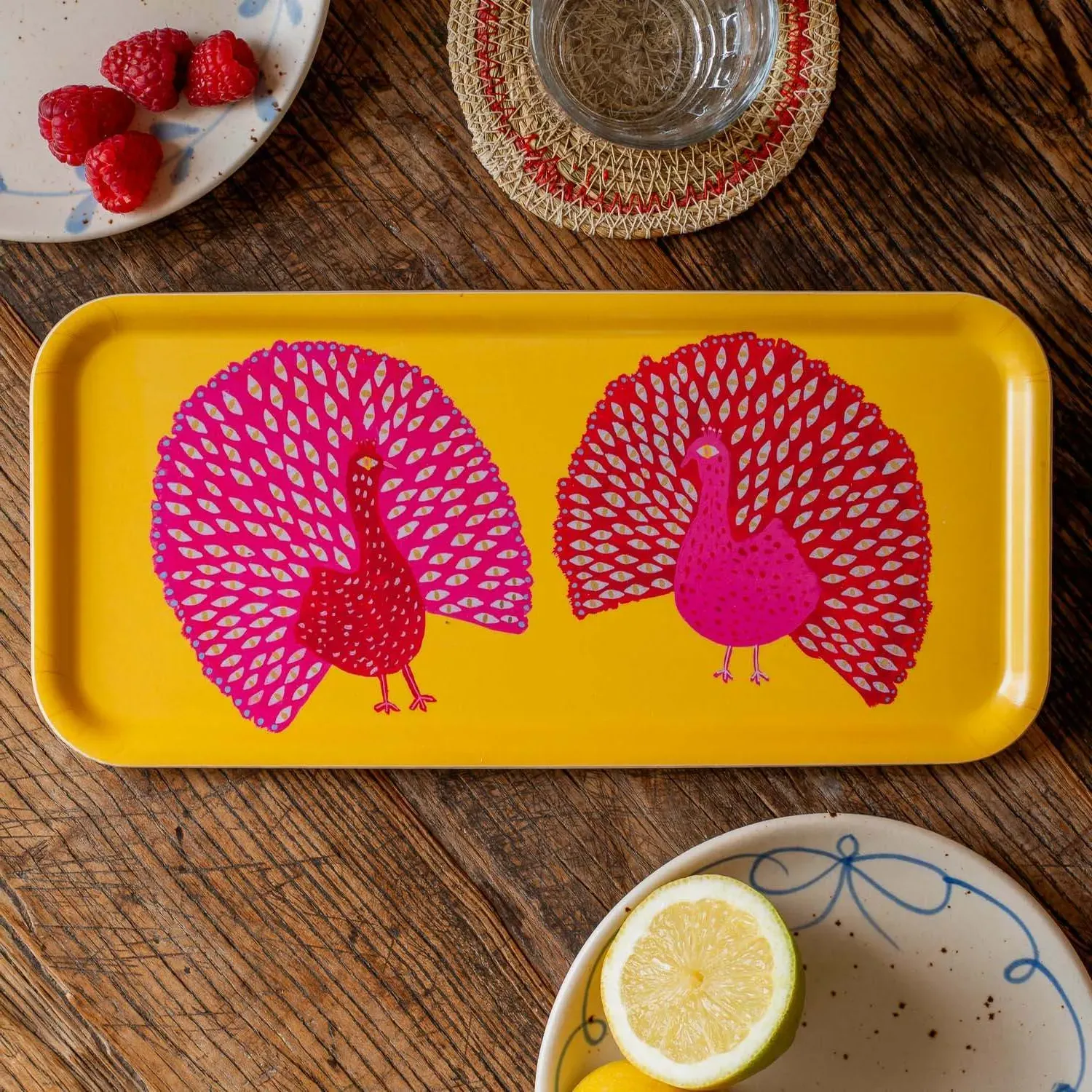 Mr & Mrs Peacock Tray - Yellow, Melamine Birch Wood image