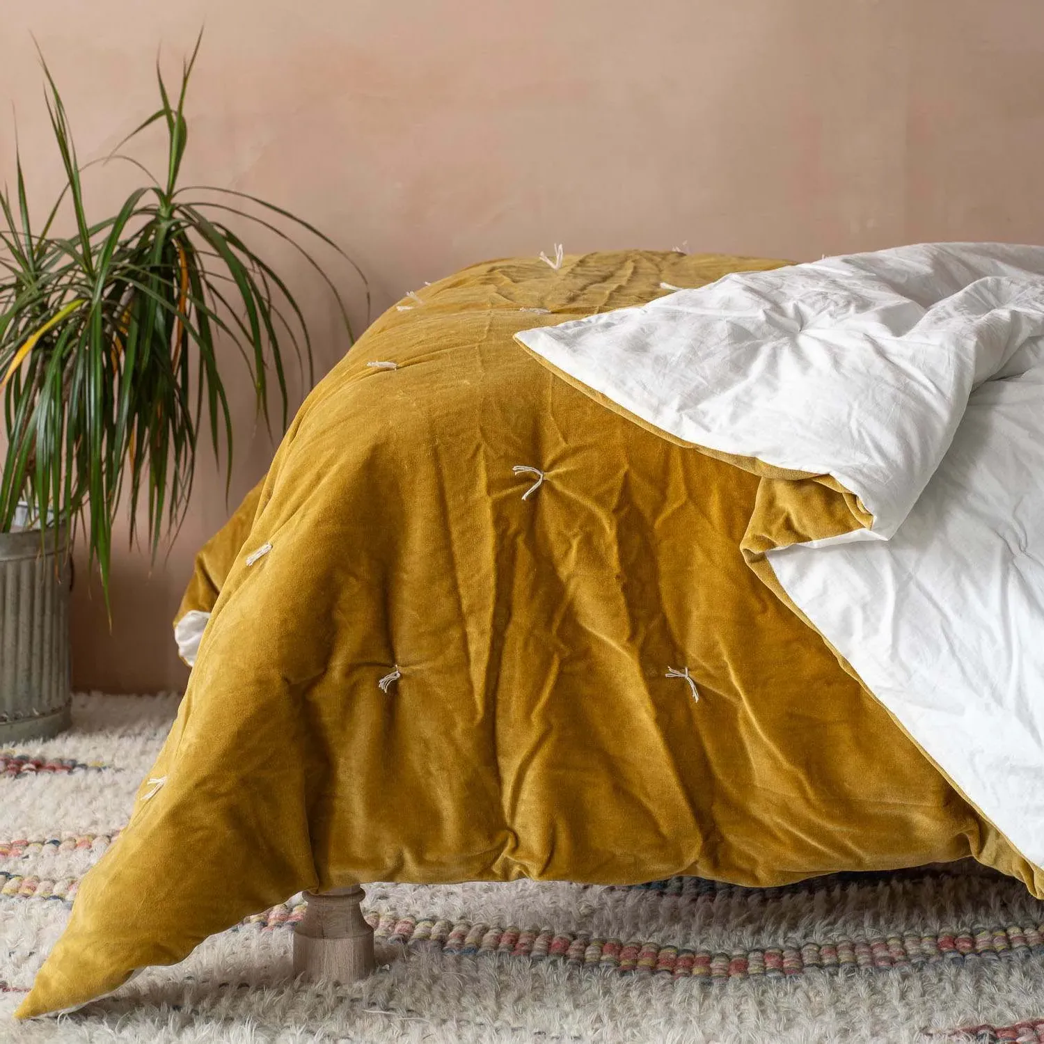 Mustard Pebble King Size Quilt - Cotton Velvet