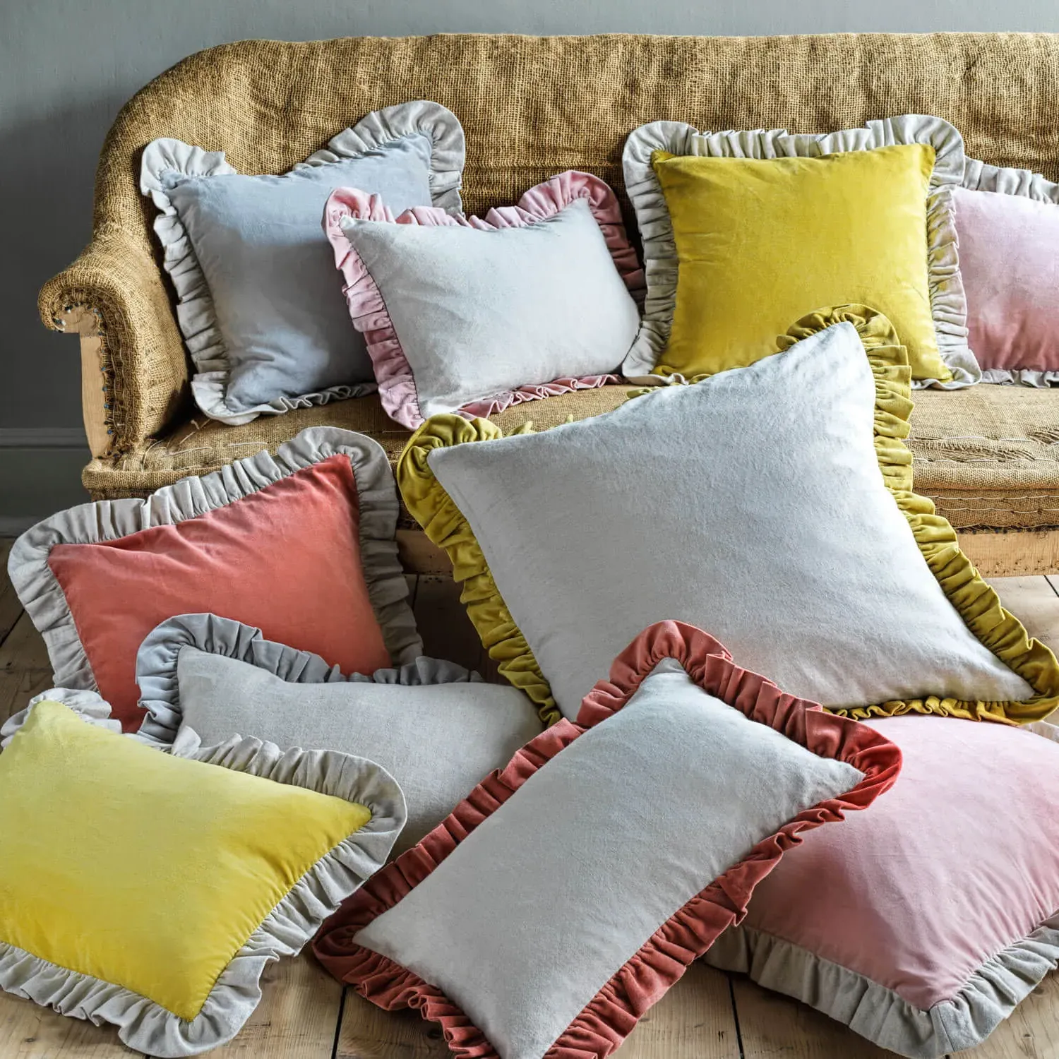 Mustard Velvet Square Cushion with Linen Frill - Yellow