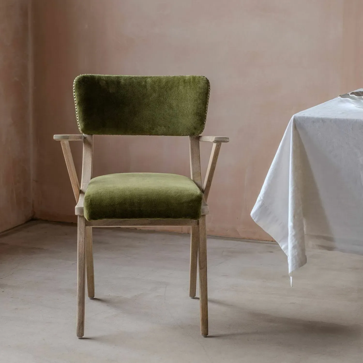 Myles Armchair with Brass Studs - Olive, Velvet