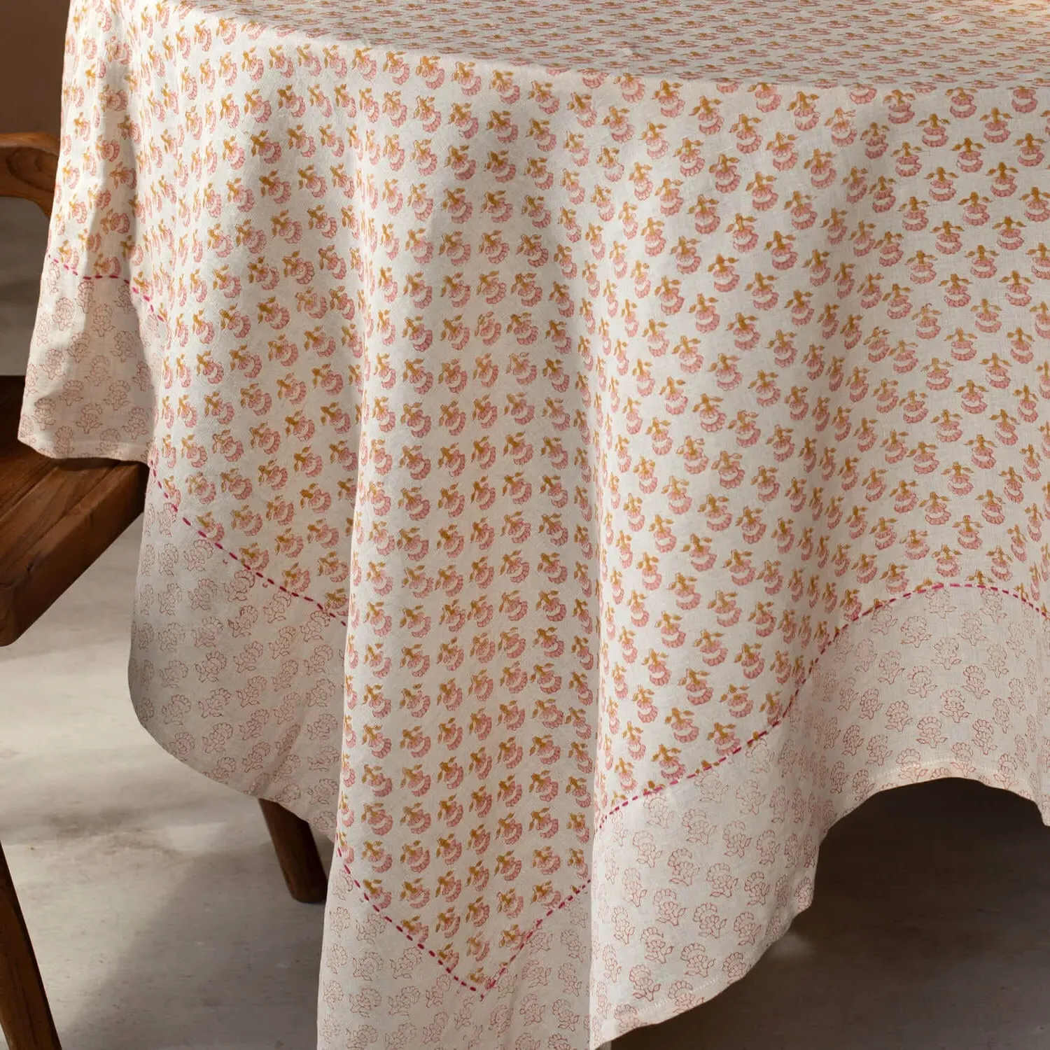 Natural Flower Block Printed Extra Large Tablecloth - Cotton Linen