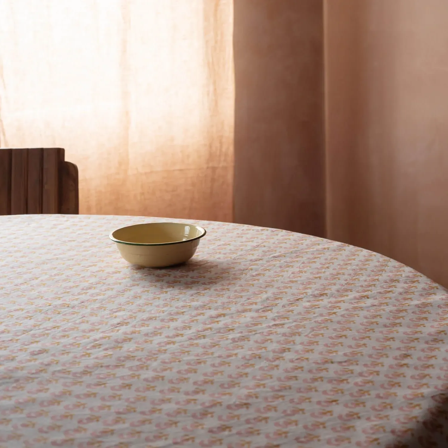 Natural Flower Block Printed Extra Large Tablecloth - Cotton Linen