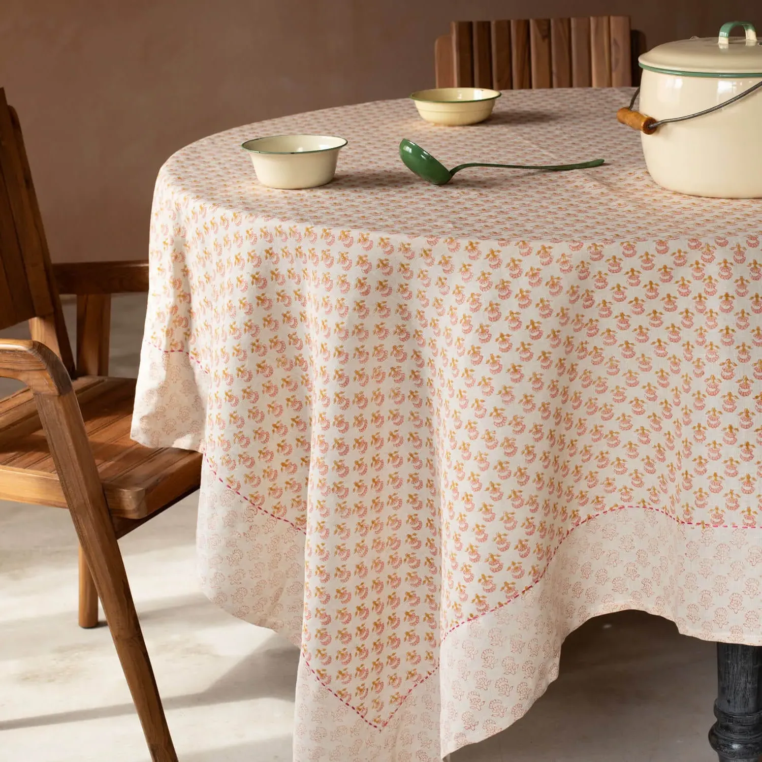 Natural Flower Block Printed Extra Large Tablecloth - Cotton Linen