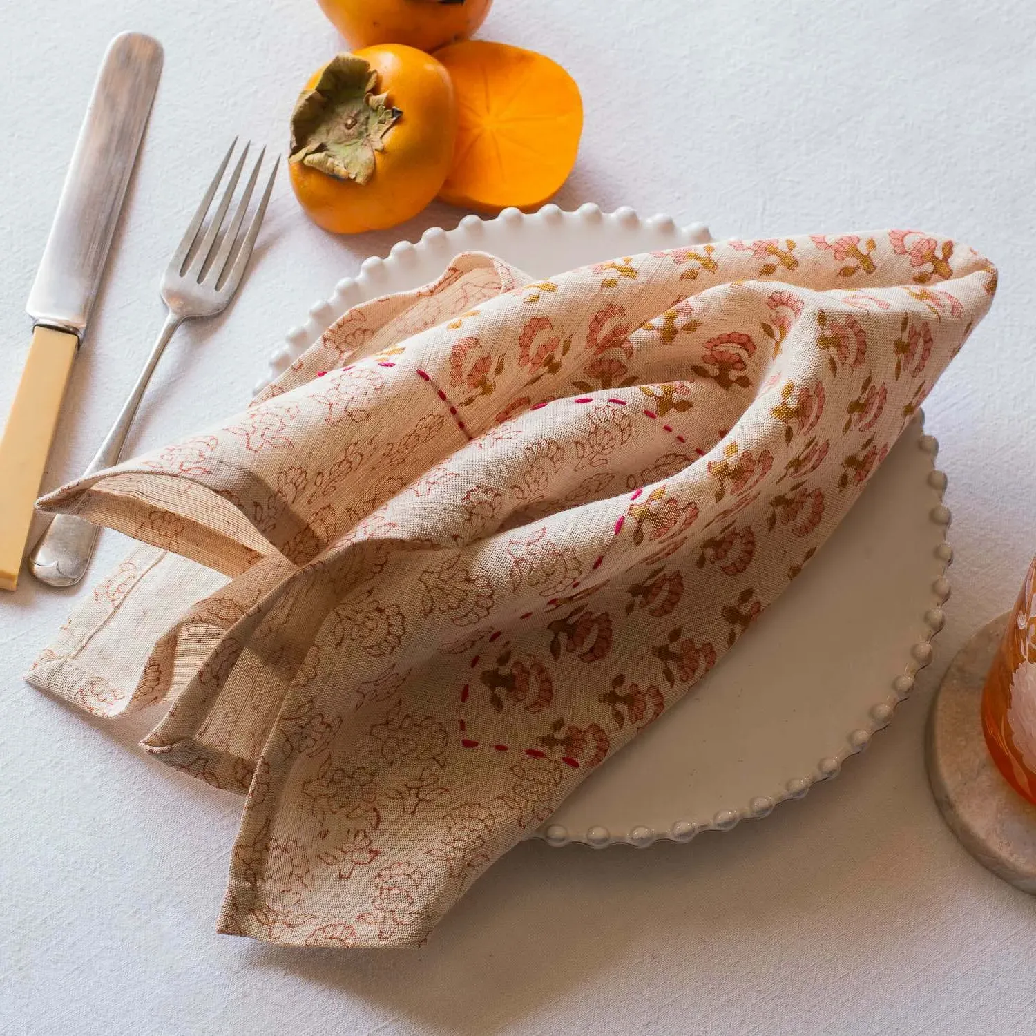 Natural Flower Block Printed Napkin - Cotton Linen image