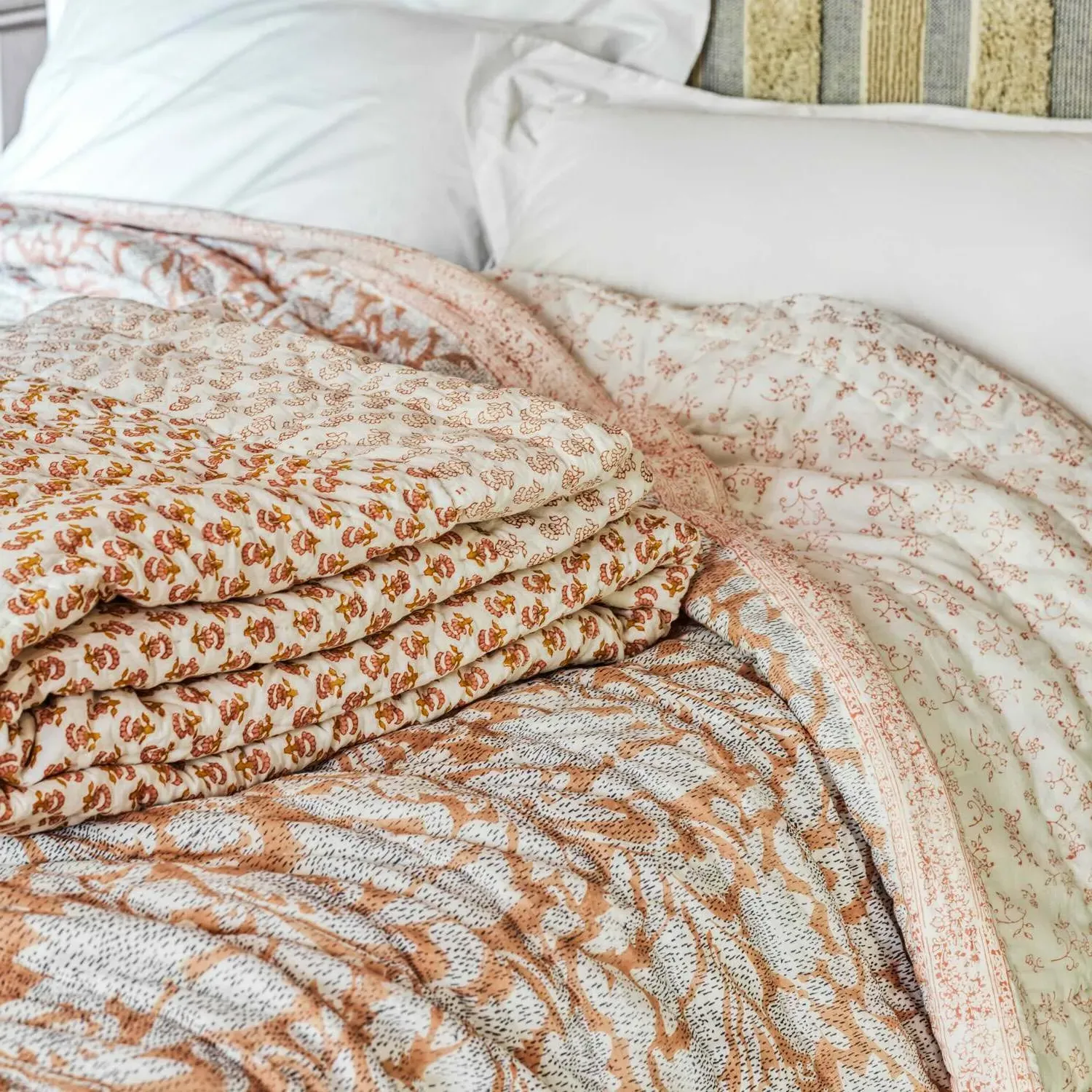 Natural Flower Hand-Printed Quilt - Cotton