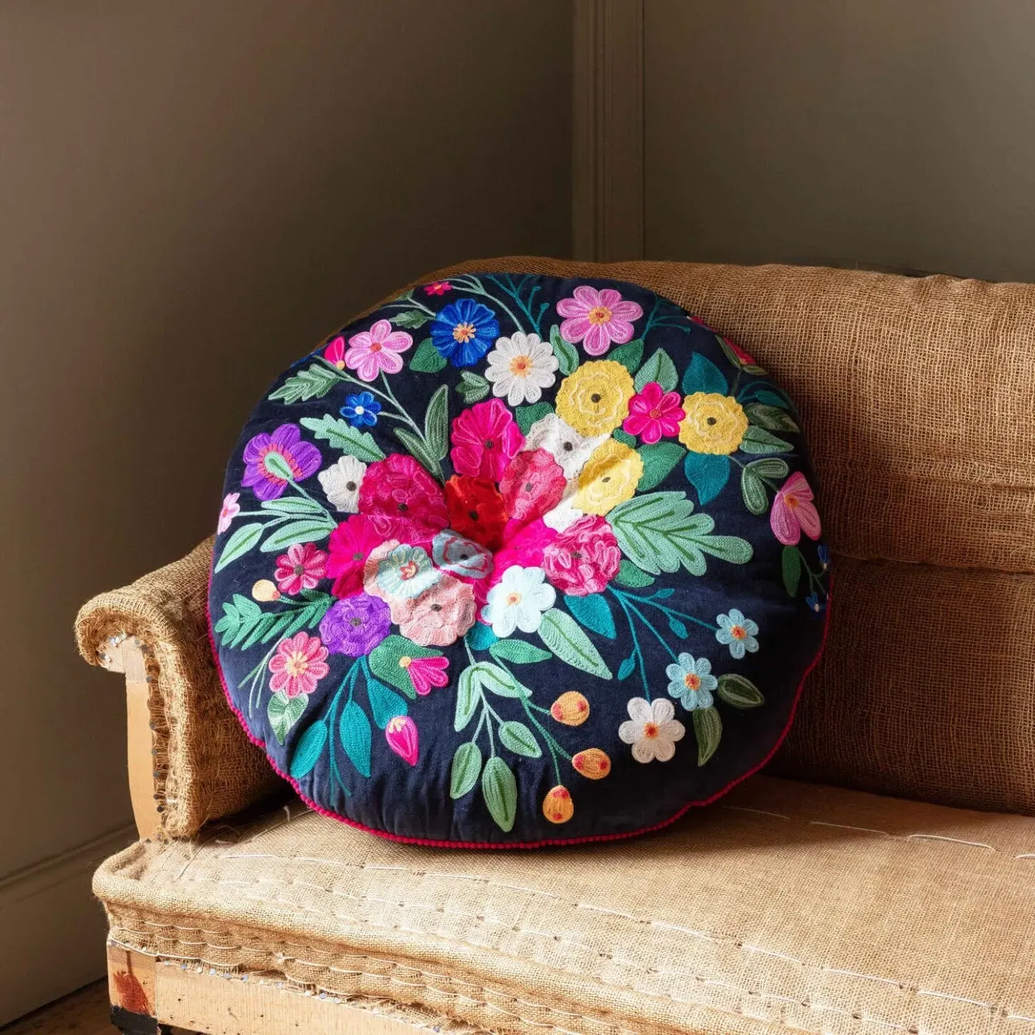 Navy Blue Bouquet Large Round Seat Pad - Cotton