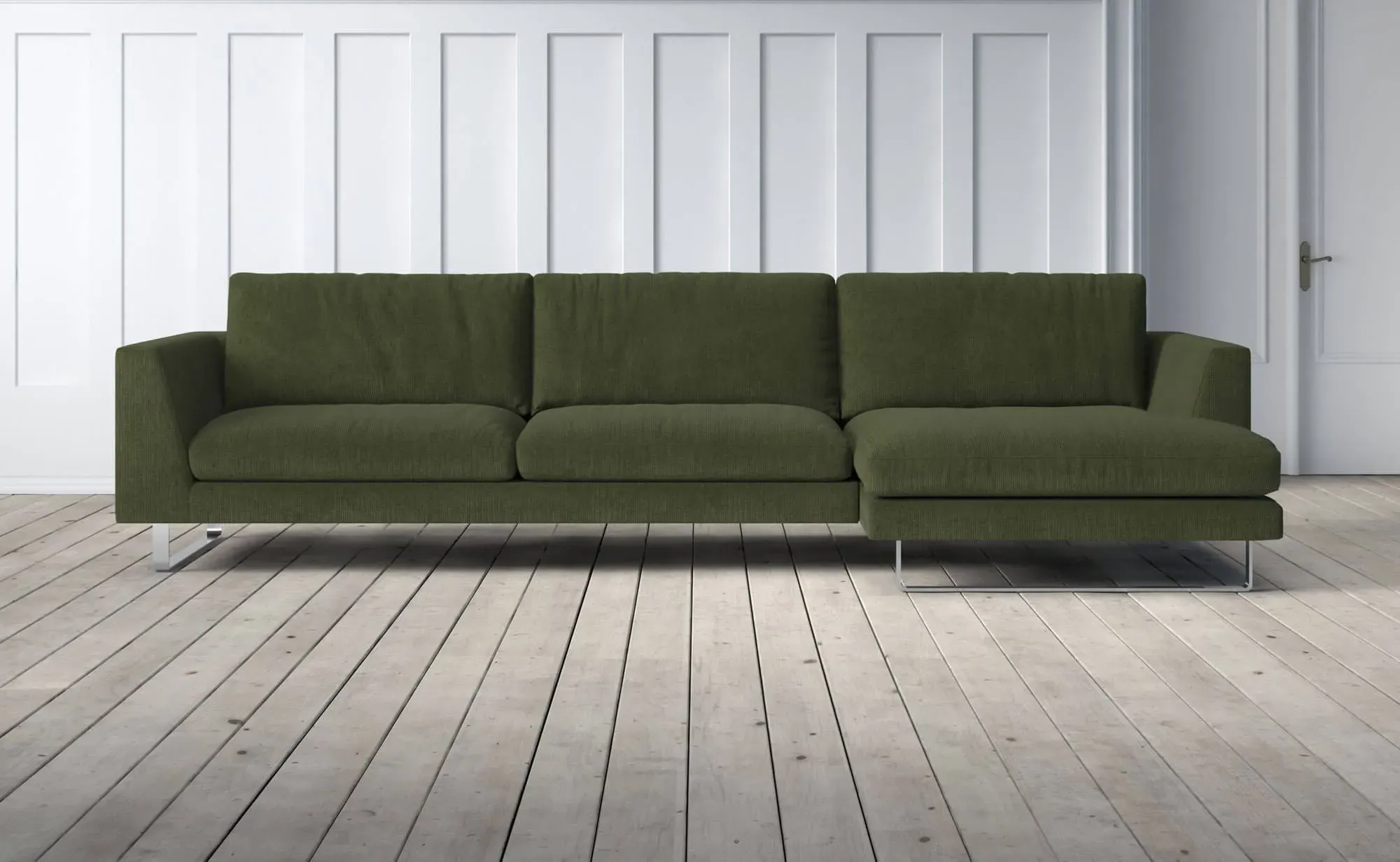 New York 3-Seater Left Chaise Sofa - Dark Green, Cord