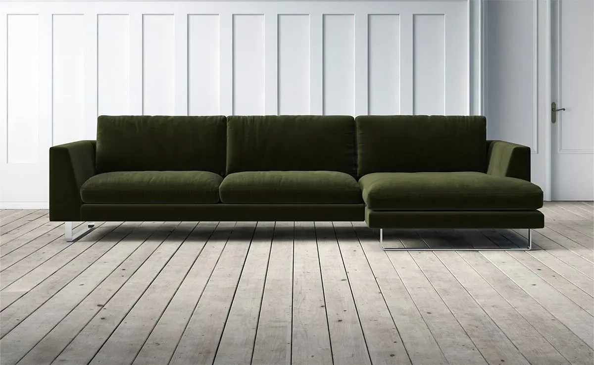New York 3-Seater Left Chaise Sofa - Olive Green, Velvet