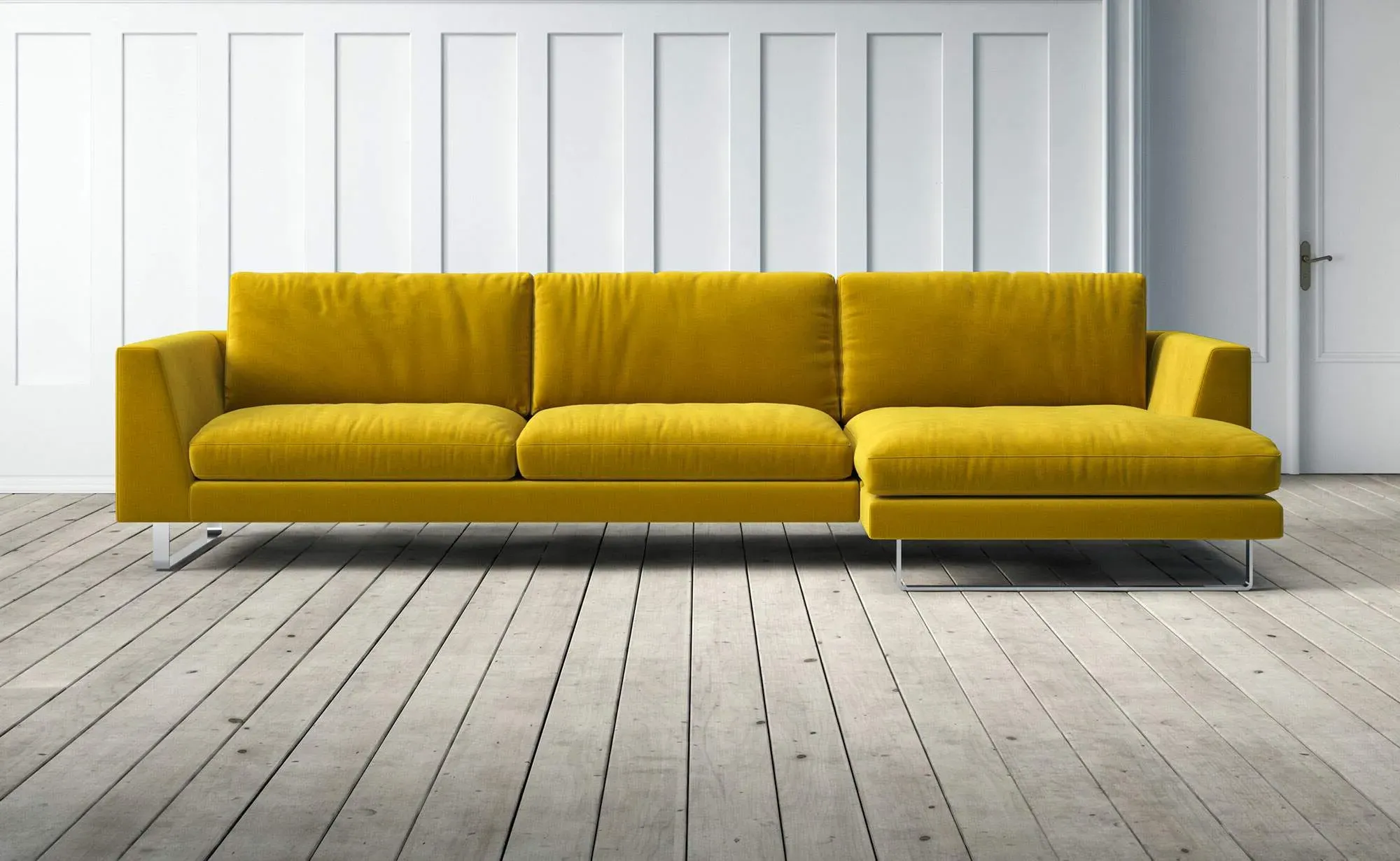 New York 3-Seater Left Chaise Sofa - Yellow, Velvet