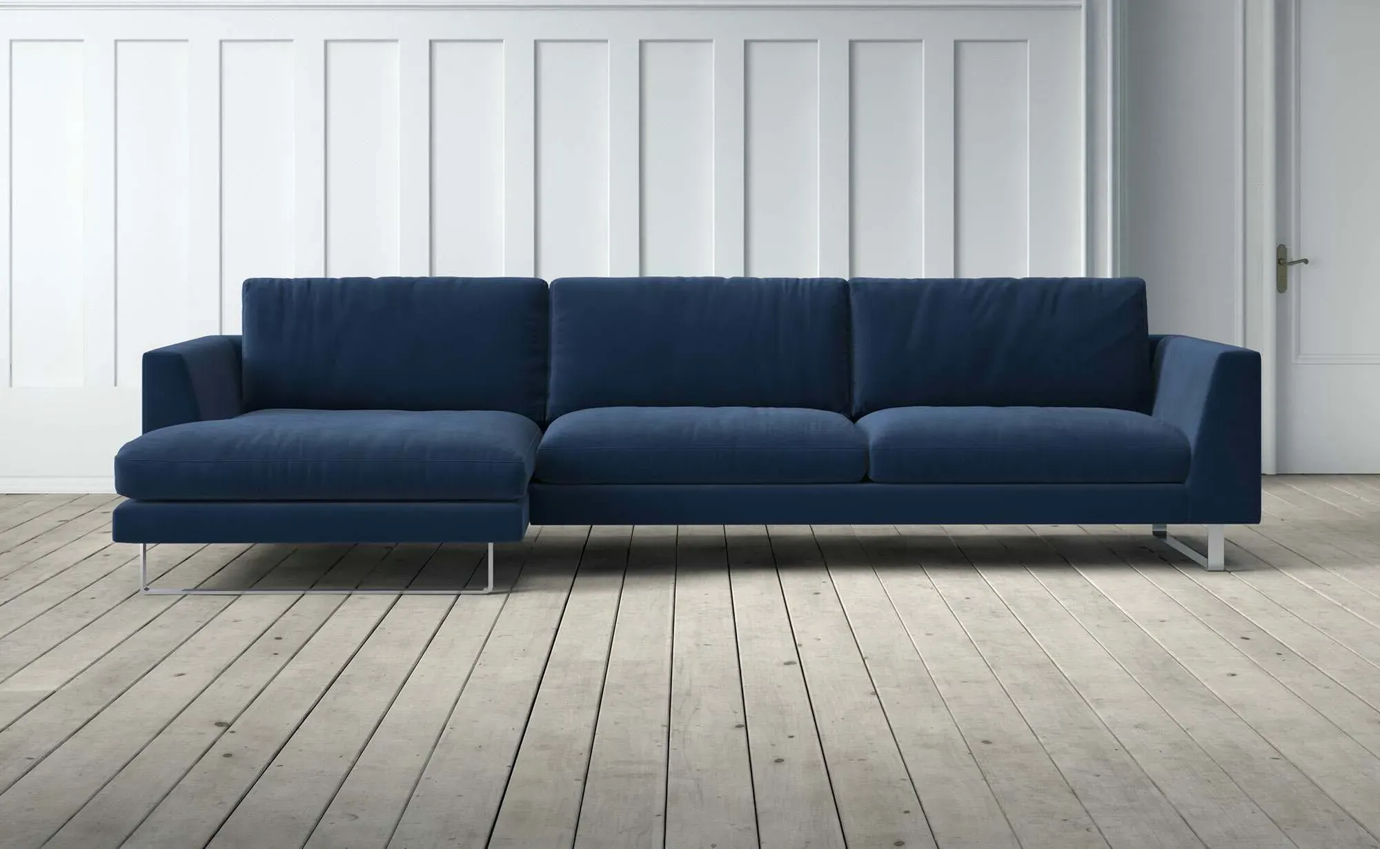 New York 3-Seater Right Chaise Sofa - Dark Blue, Velvet