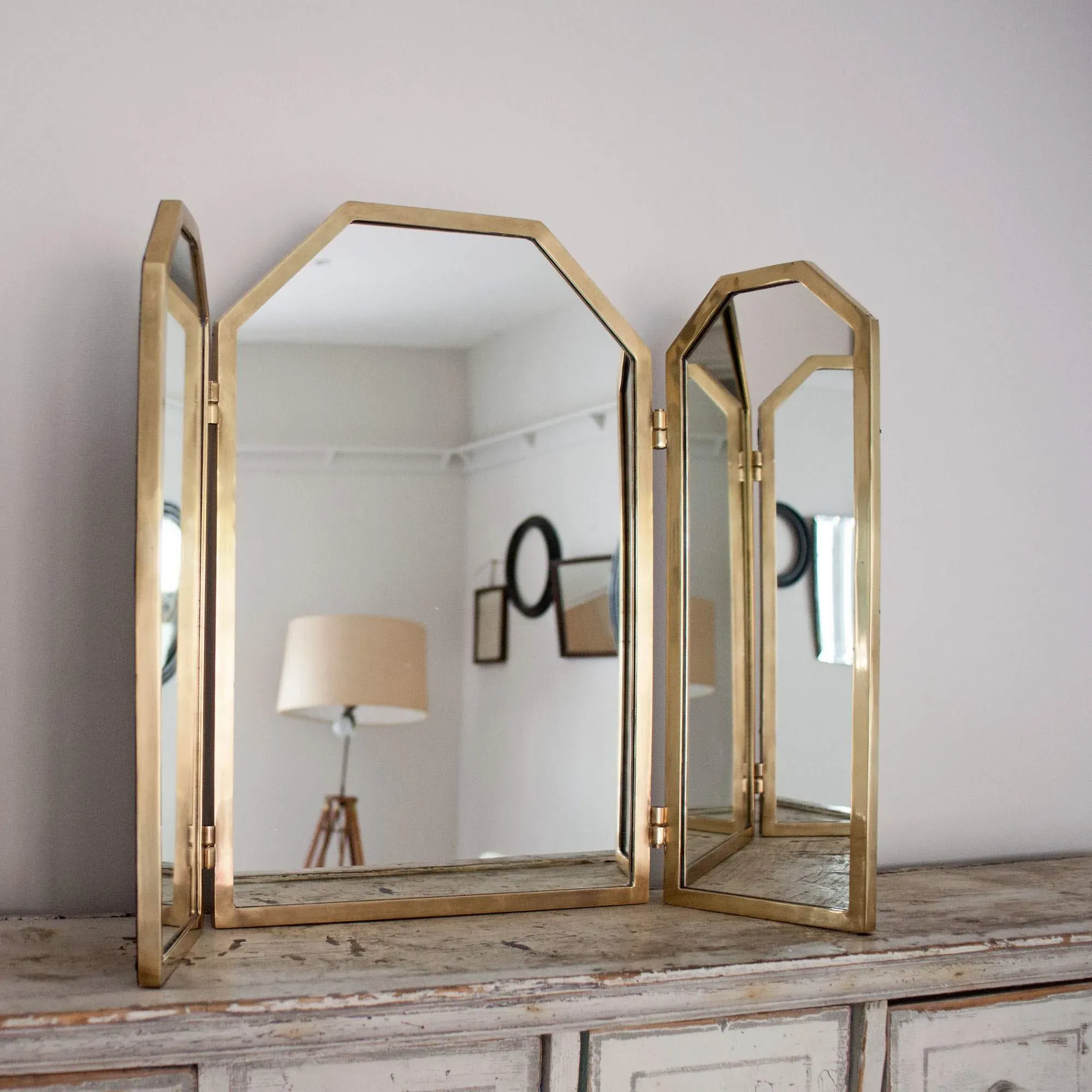 Odette Triptych Dressing Table Mirror - Antiqued Gold, Brass