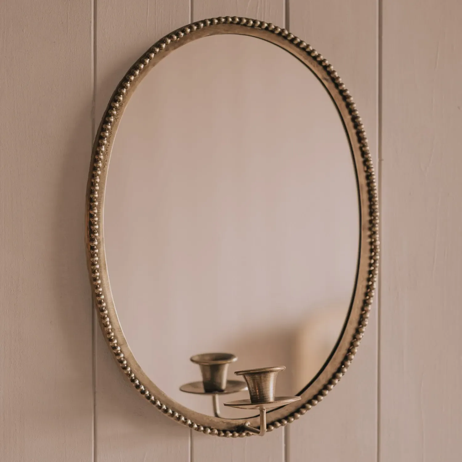 Oval Wall Mirror with Candle Holder - Antiqued Brass