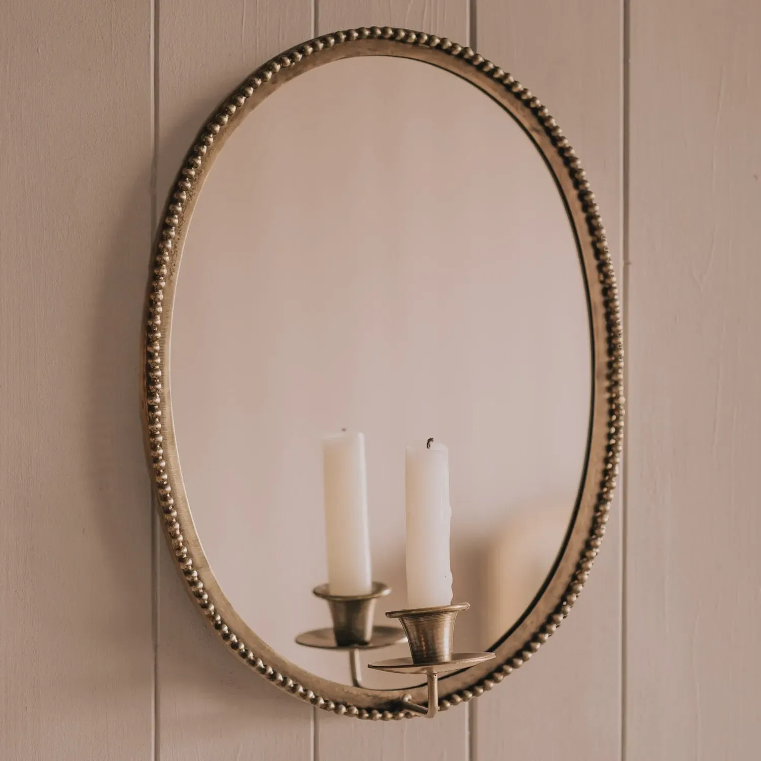 Oval Wall Mirror with Candle Holder - Antiqued Brass