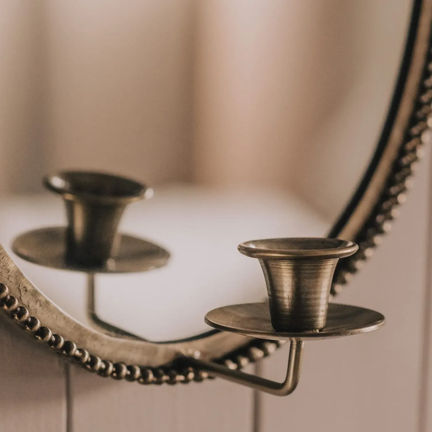 Oval Wall Mirror with Candle Holder - Antiqued Brass