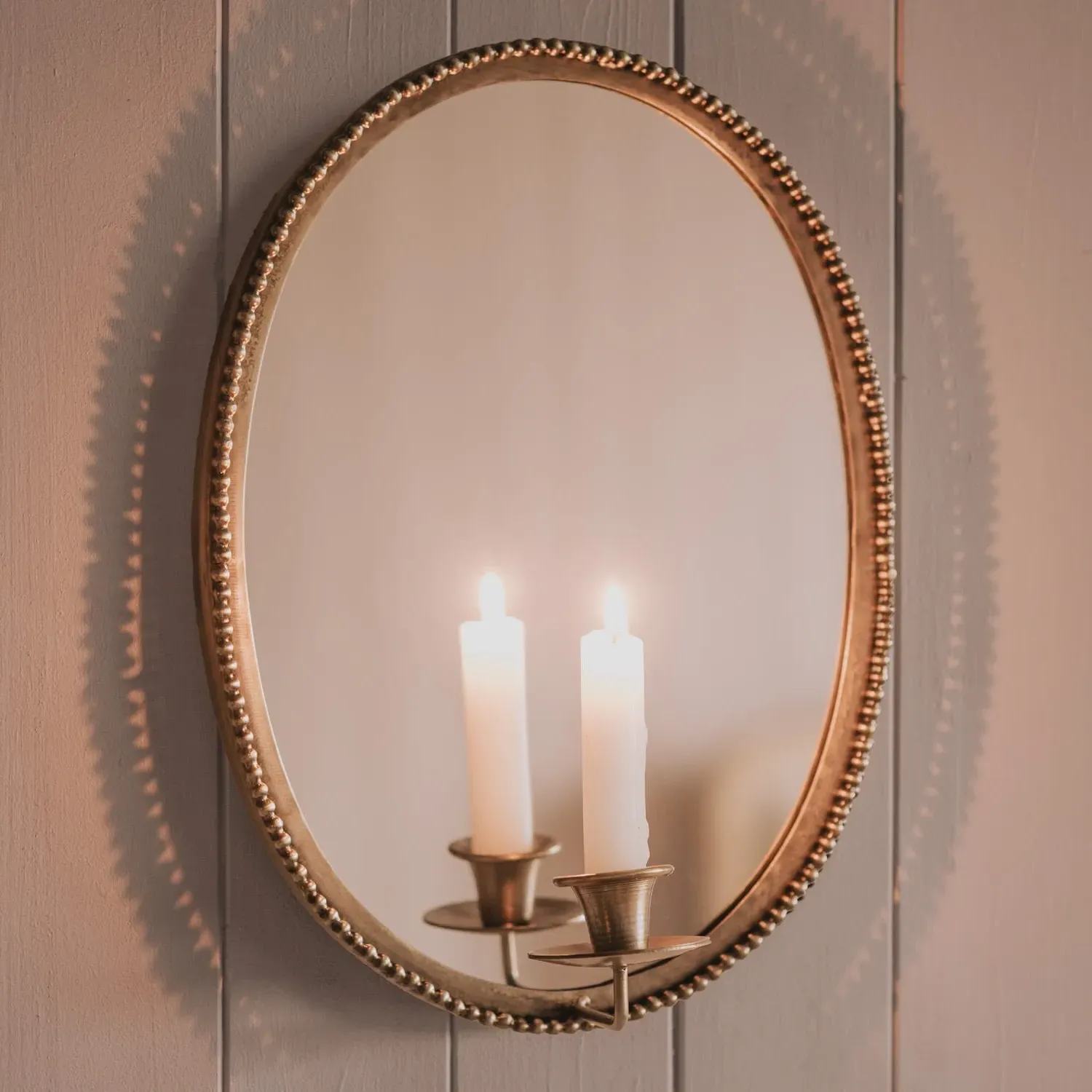 Oval Wall Mirror with Candle Holder - Antiqued Brass