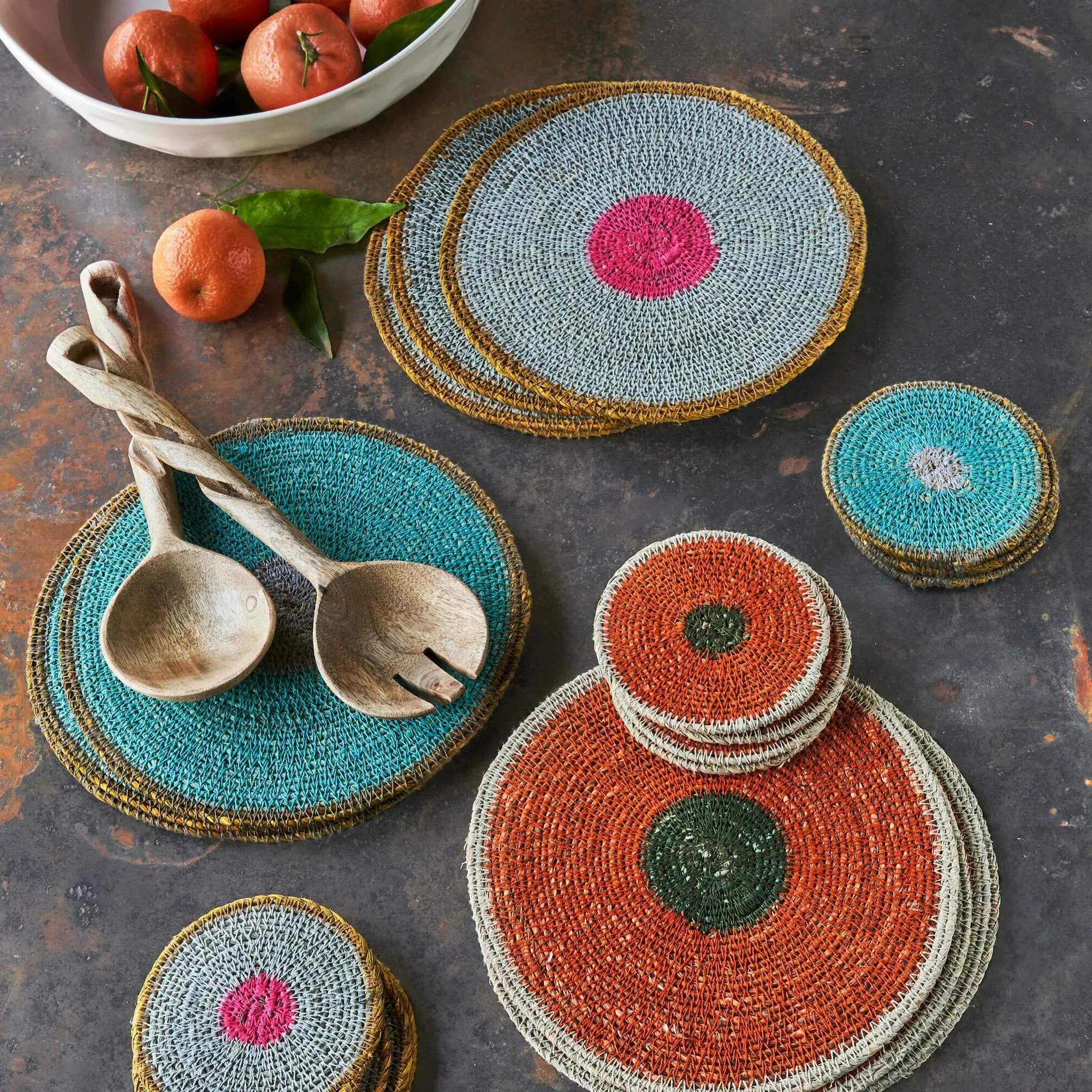Pablo Set of Four Round Placemats - Aqua, Seagrass