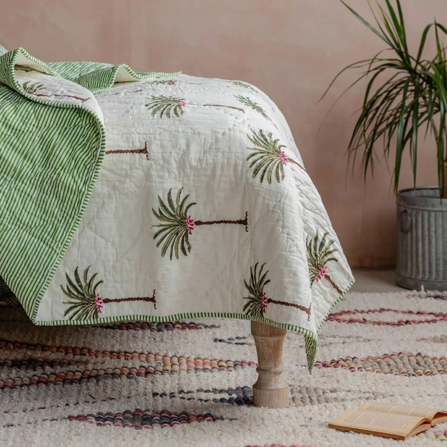 Palm Tree and Green Stripe Reversible King Size Quilt