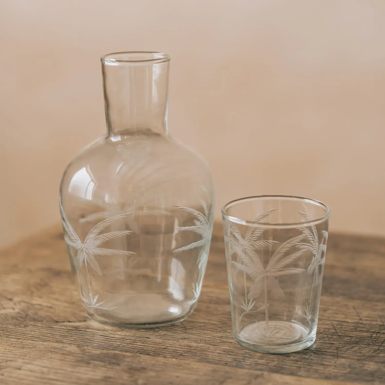 Palm Tree Cut Glass Carafe and Tumbler - Clear