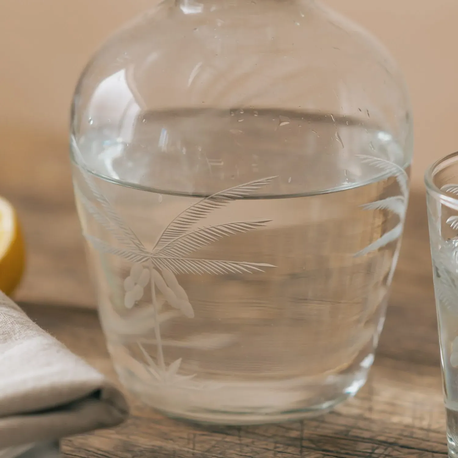 Palm Tree Cut Glass Carafe and Tumbler - Clear