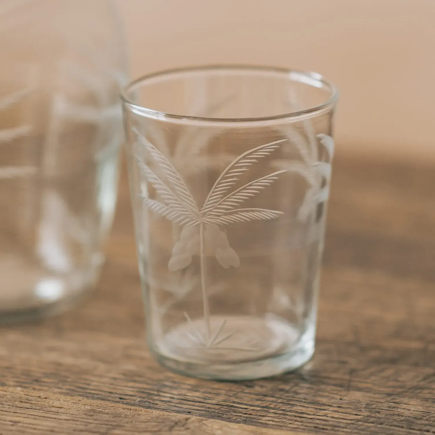 Palm Tree Cut Glass Carafe and Tumbler - Clear