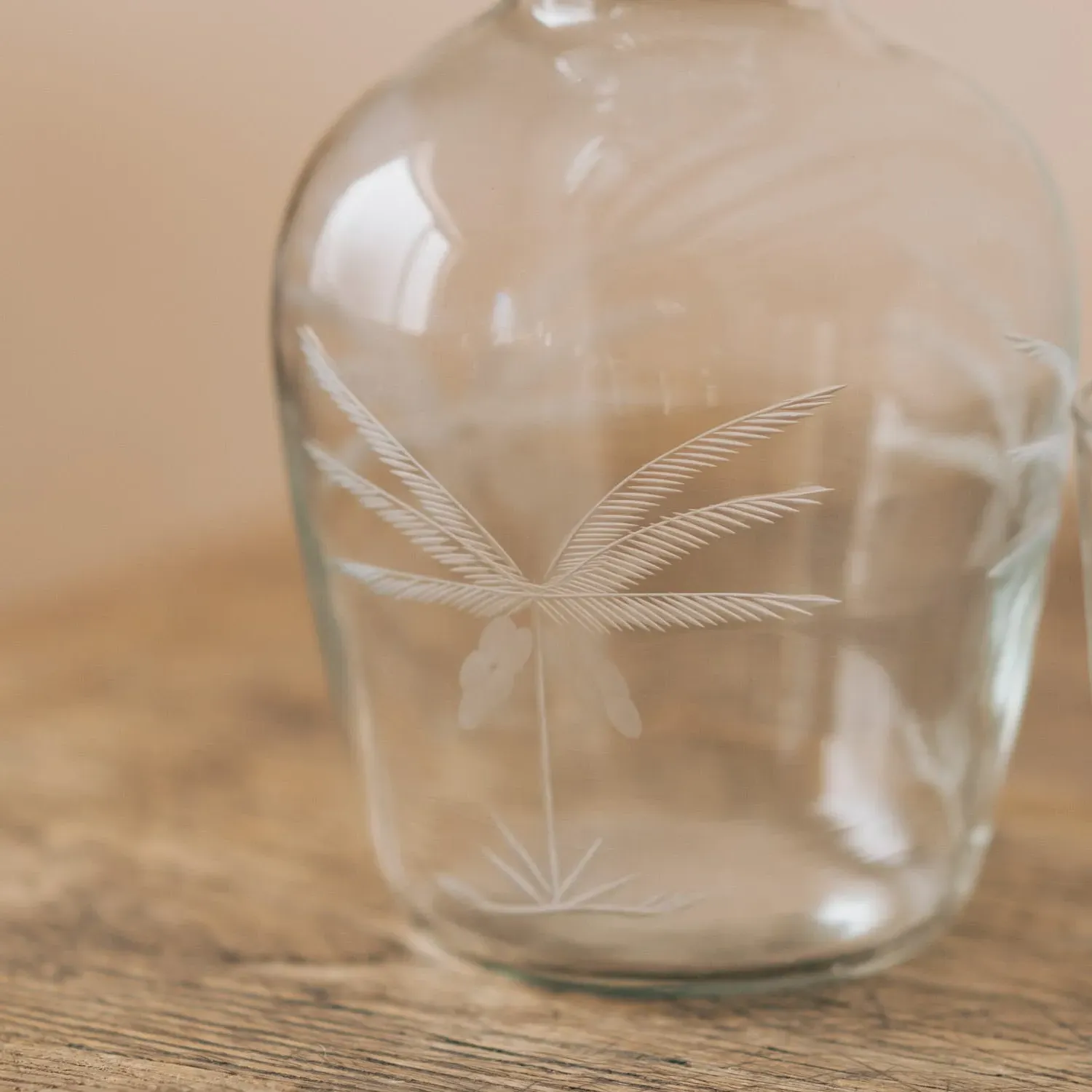 Palm Tree Cut Glass Carafe and Tumbler - Clear