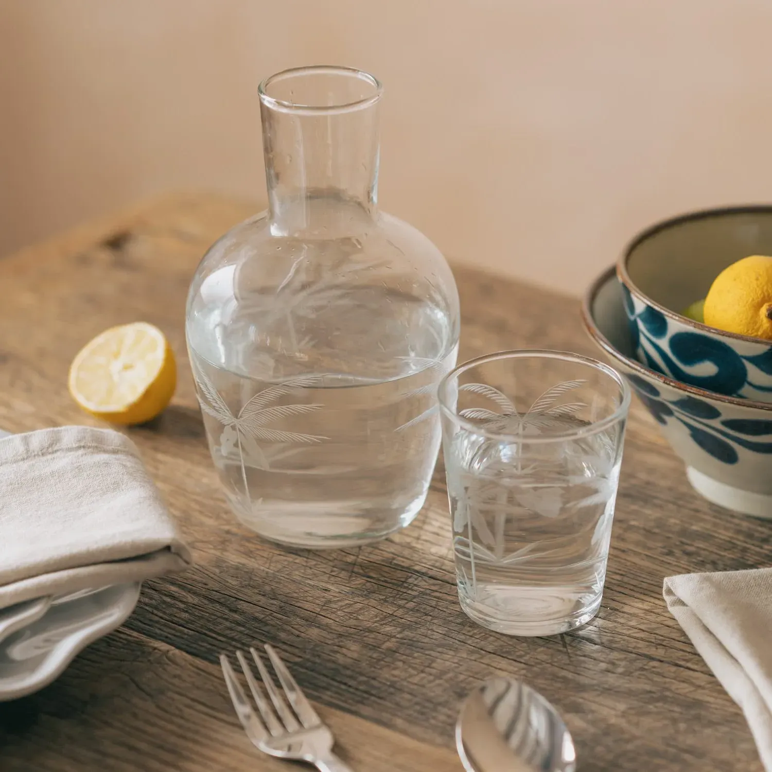Palm Tree Cut Glass Carafe and Tumbler - Clear image