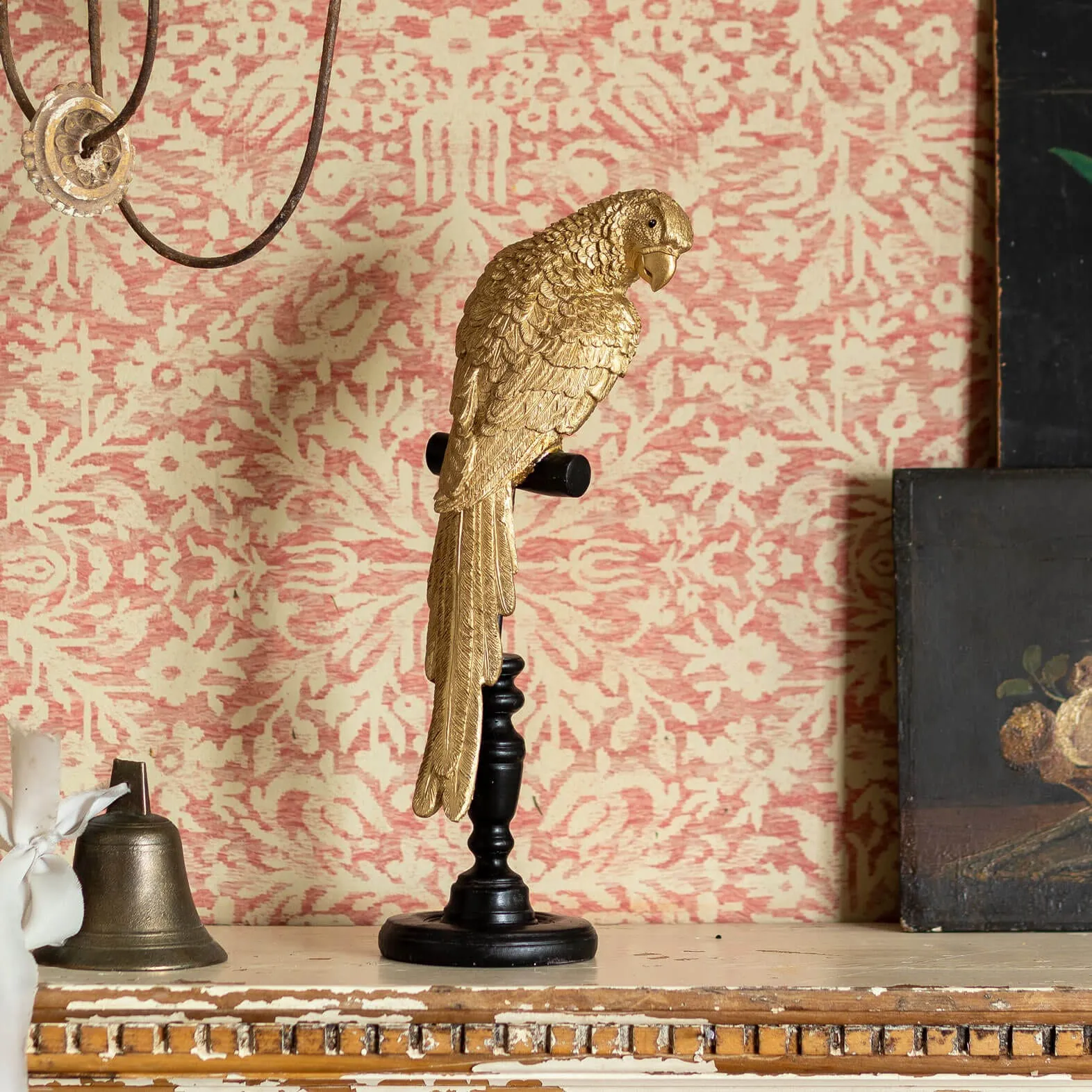 Parrot on Perch Ornament - Gold, Resin