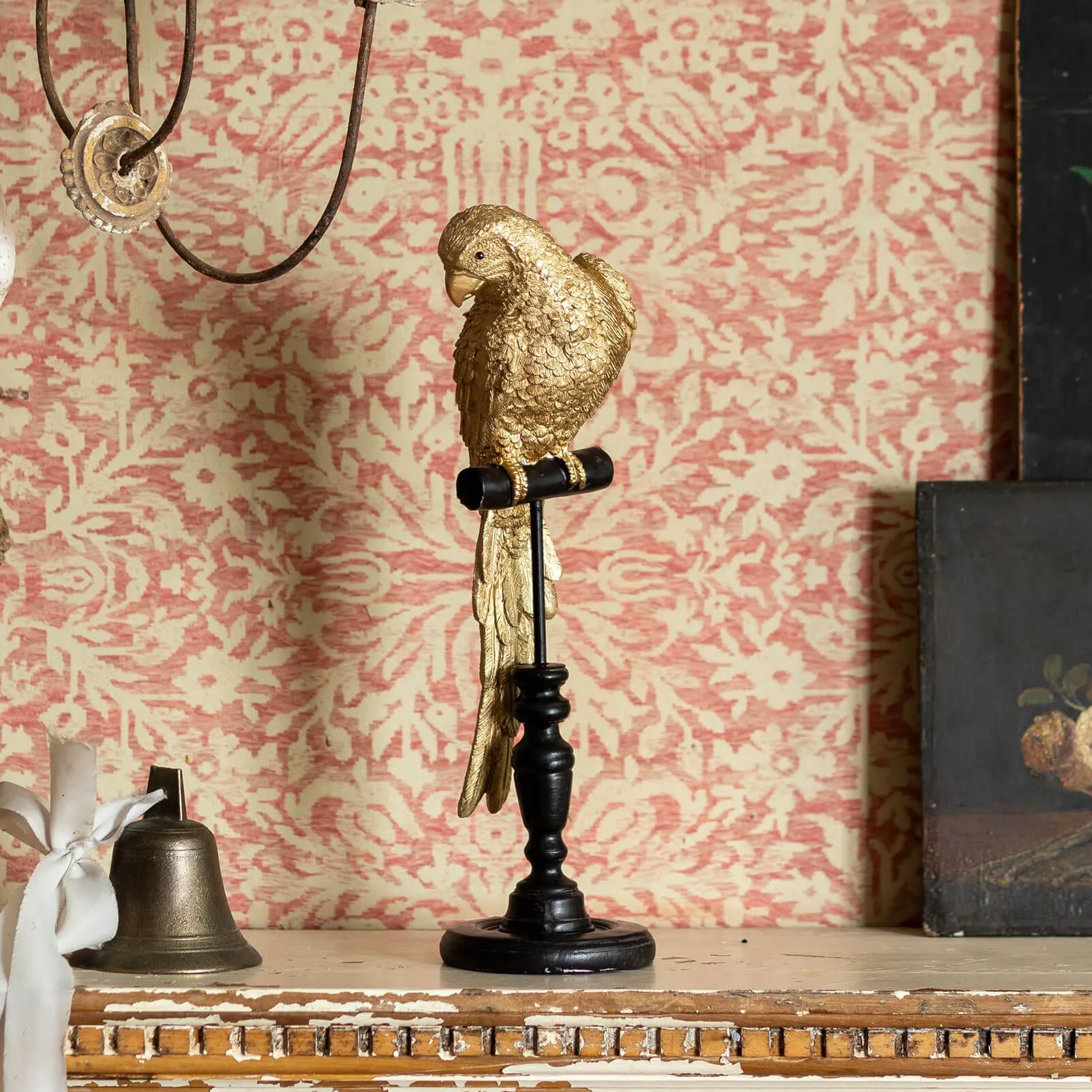 Parrot on Perch Ornament - Gold, Resin