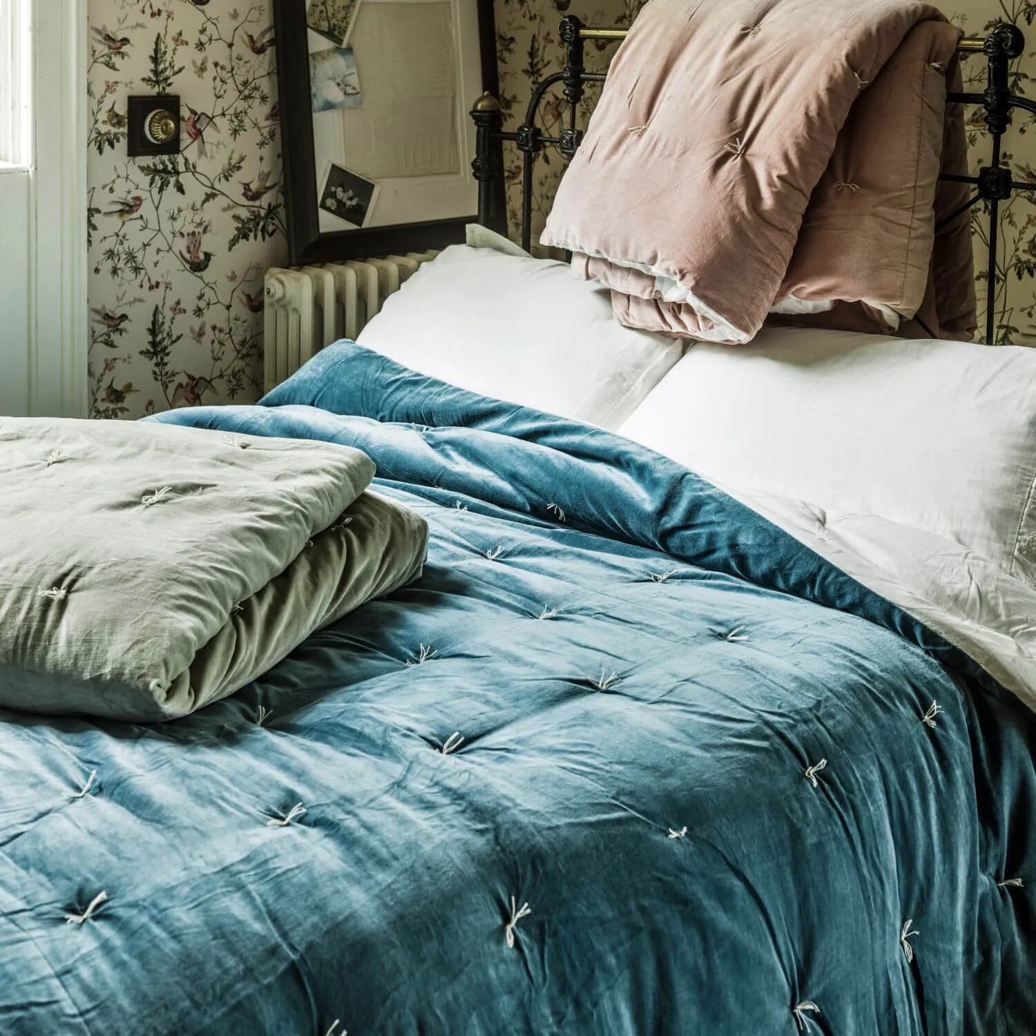 Pebble Super King Size Quilt - Blue, Cotton Velvet