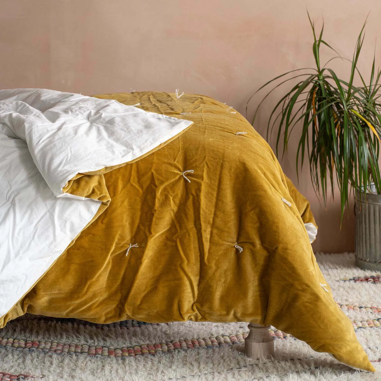Pebble Super King Size Quilt - Mustard, Cotton Velvet