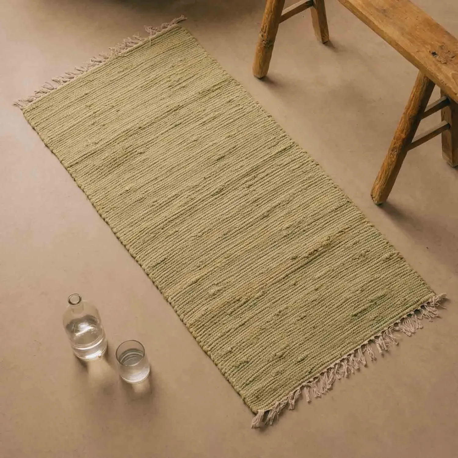 Rag Rug Floor Runner - Green, Cotton