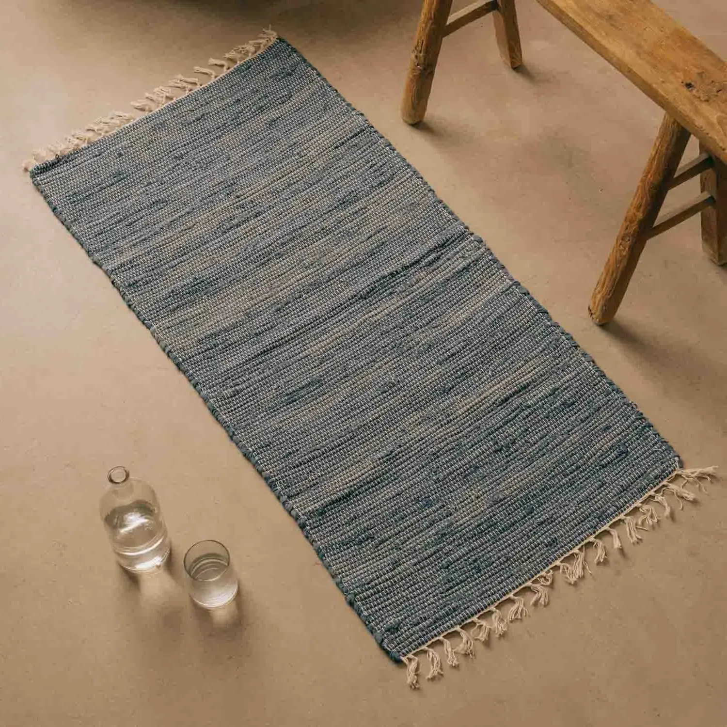 Rag Rug Floor Runner - Navy Blue, Cotton