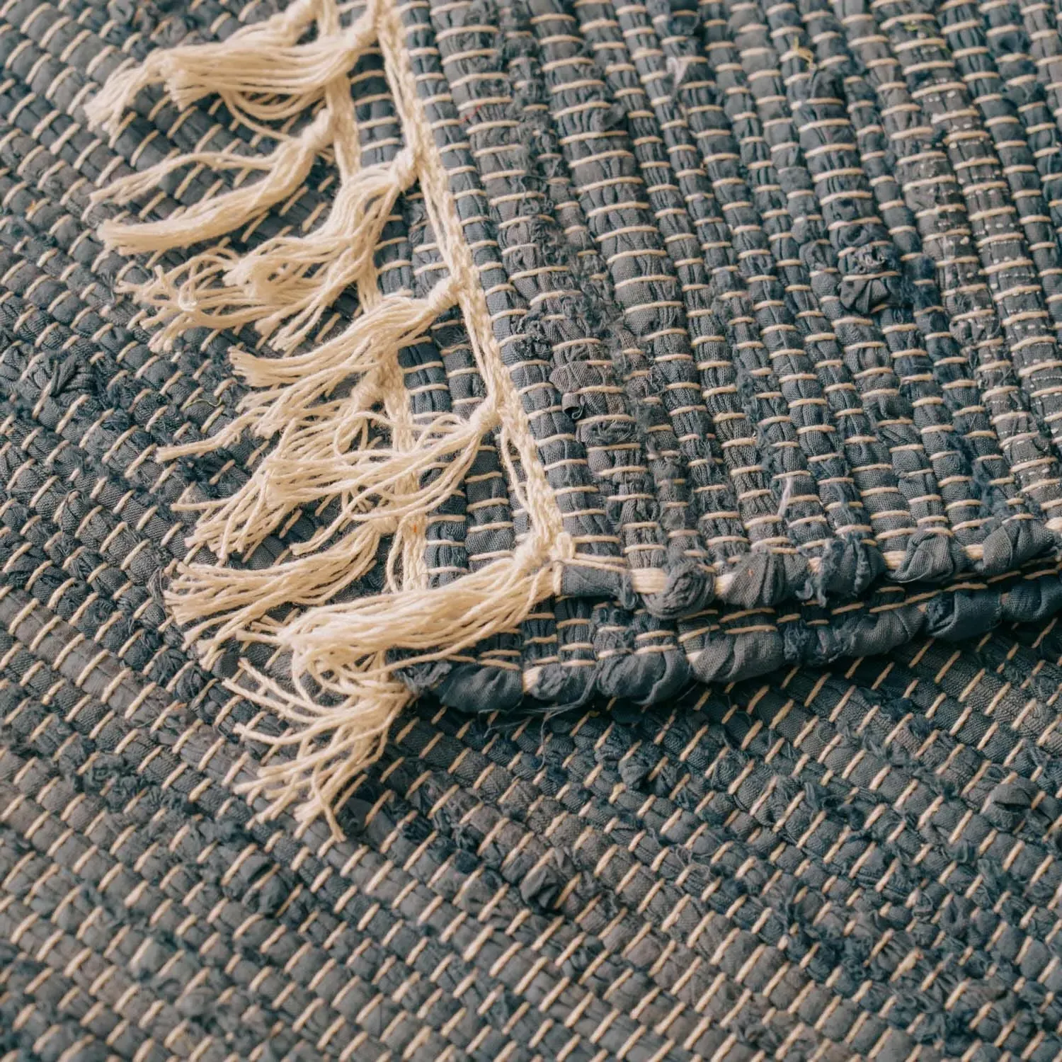 Rag Rug Floor Runner - Navy Blue, Cotton