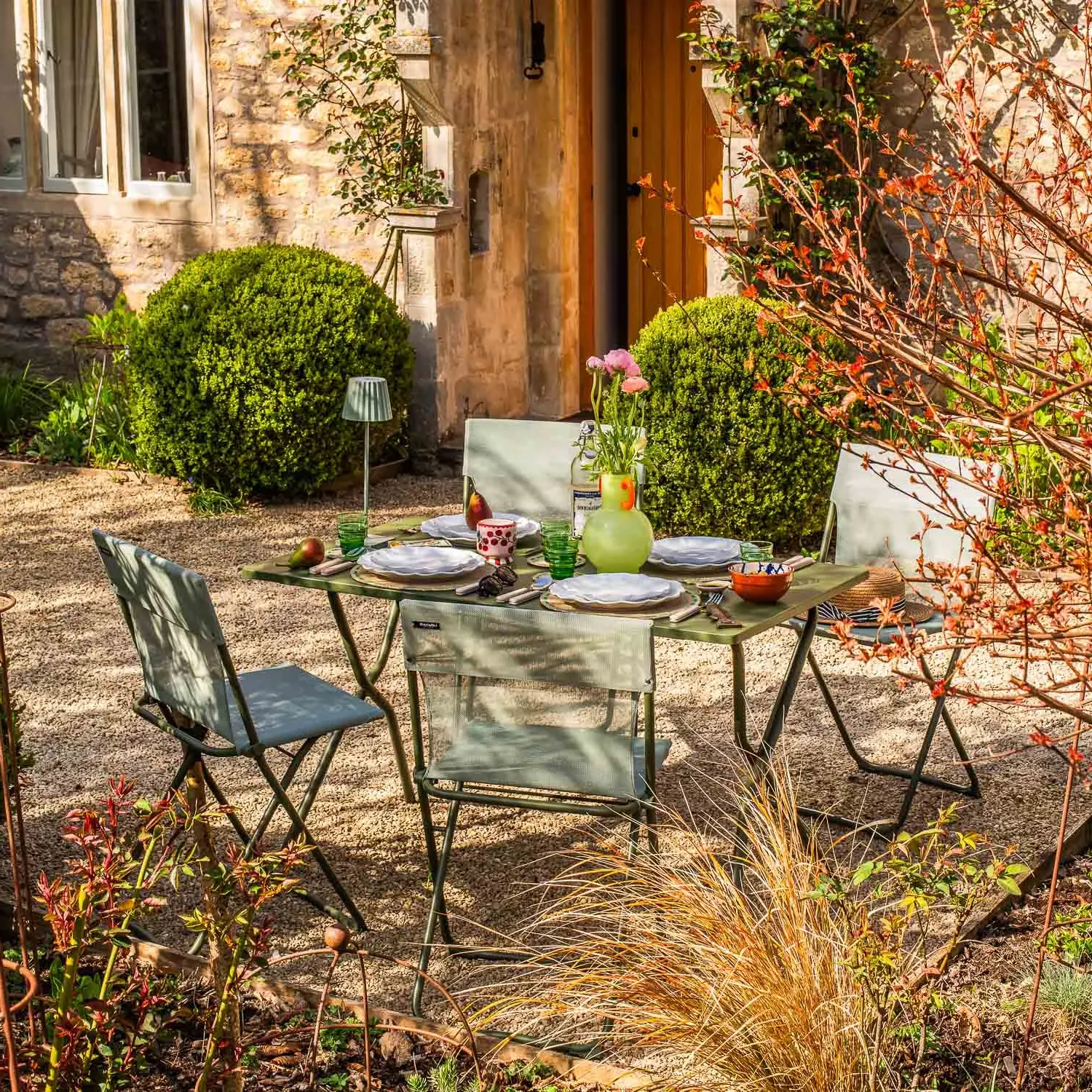 Rectangular Balcony Table and Four Chairs Set - Moss Green, Canvas