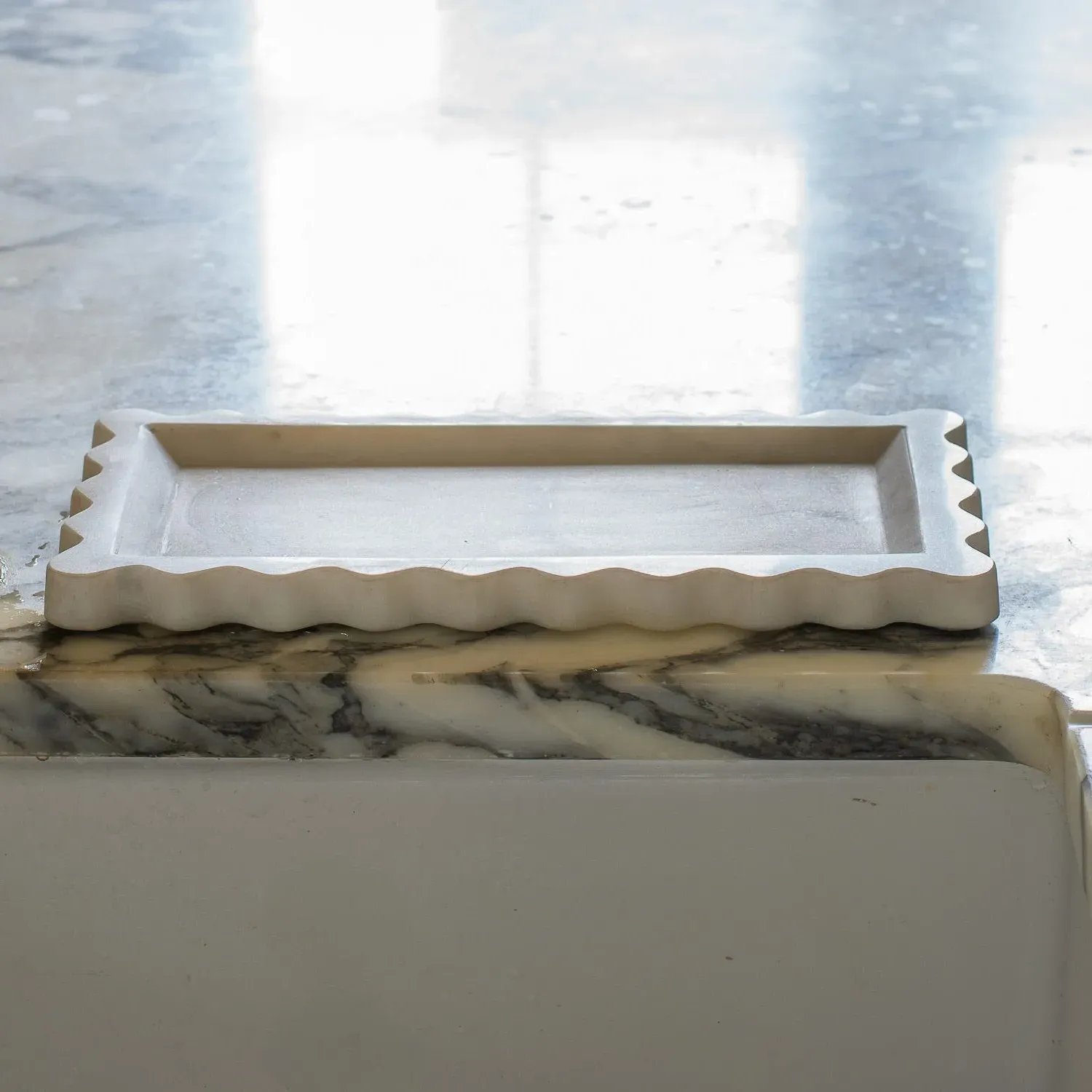 Rectangular Scalloped Tray - White, Marble