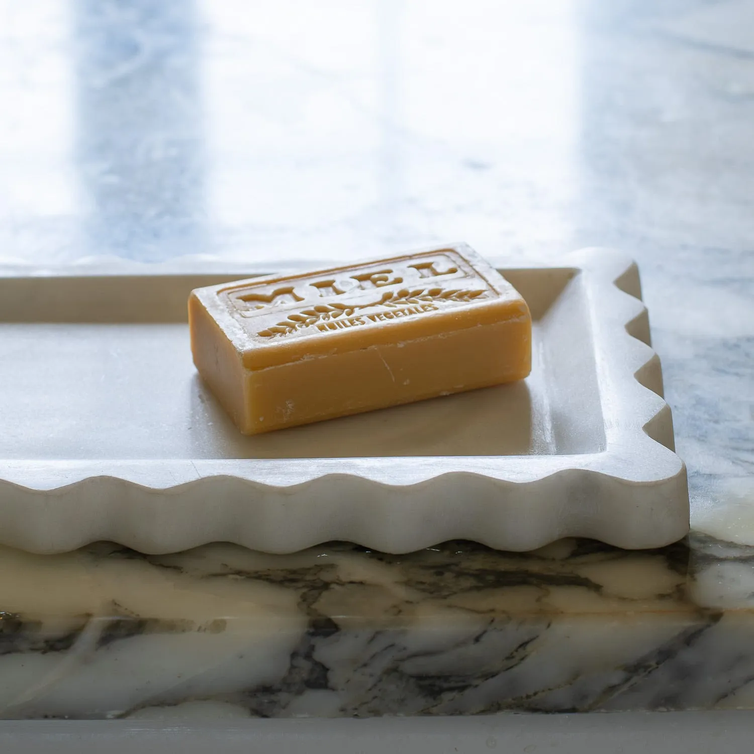 Rectangular Scalloped Tray - White, Marble