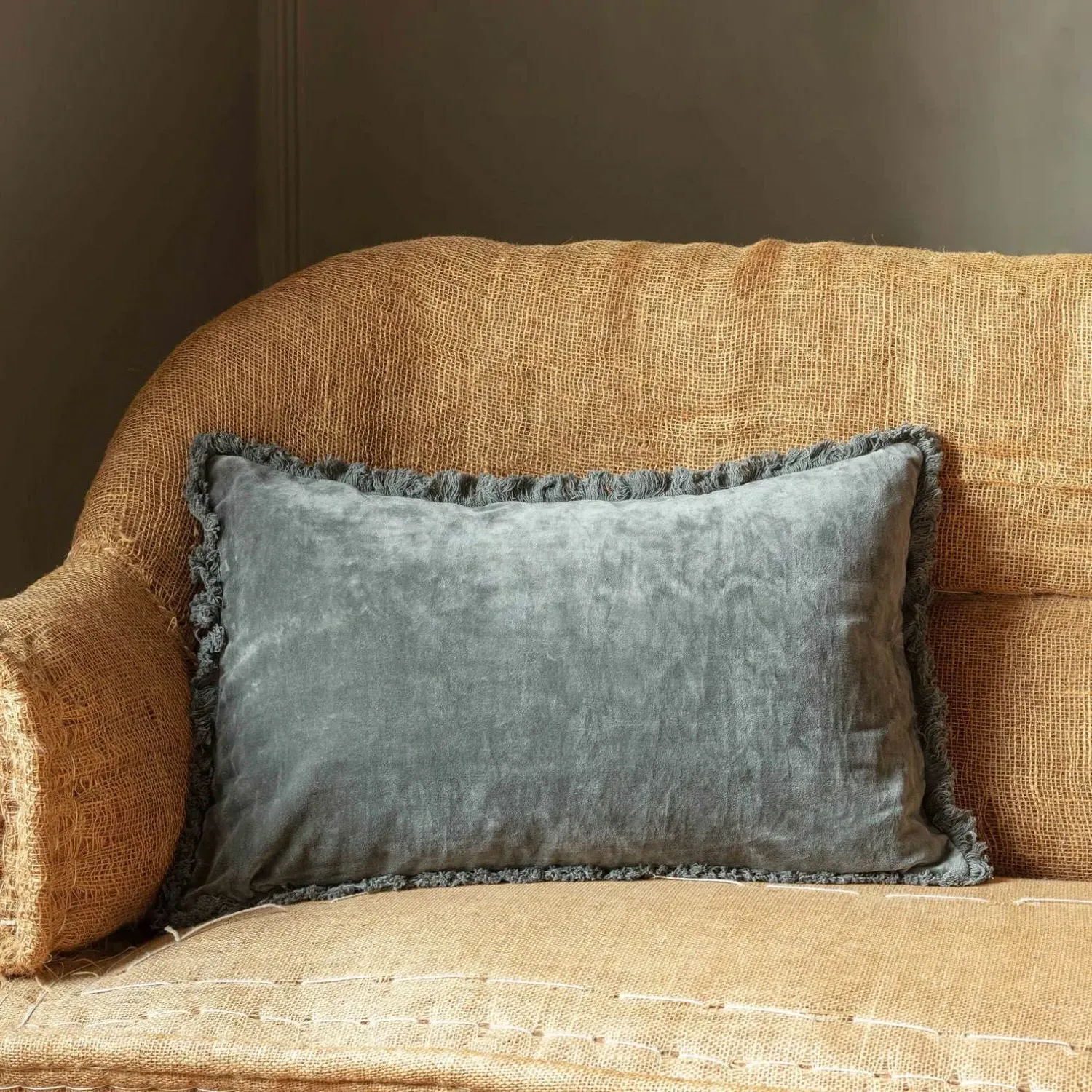 Rectangular Stonewashed Velvet Cushion - Dark Grey