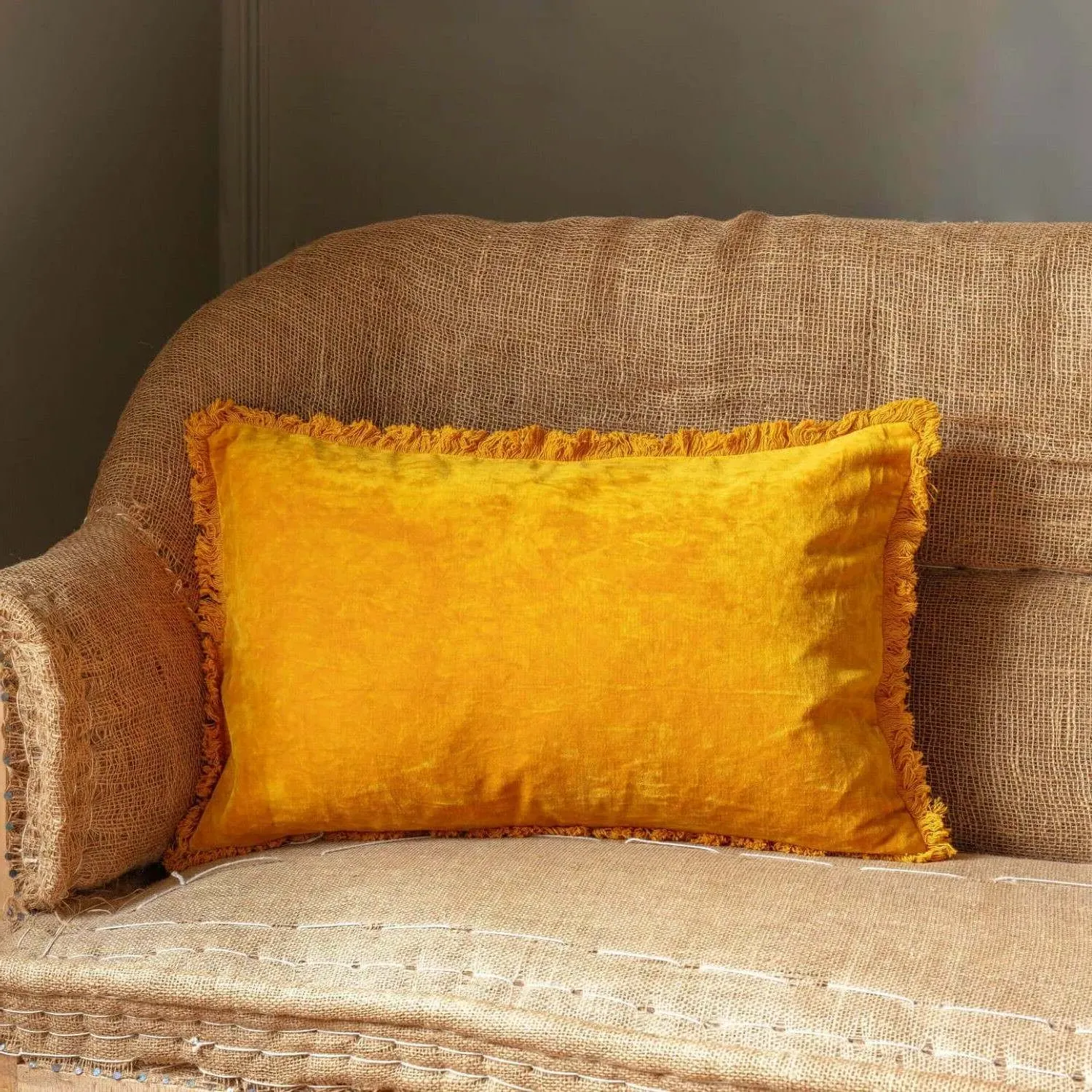 Rectangular Stonewashed Velvet Cushion - Olive Green