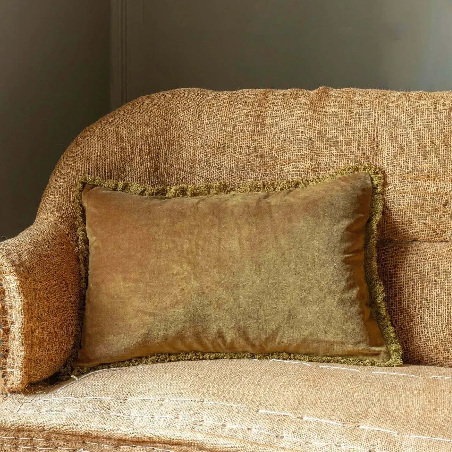 Rectangular Stonewashed Velvet Cushion - Olive Green