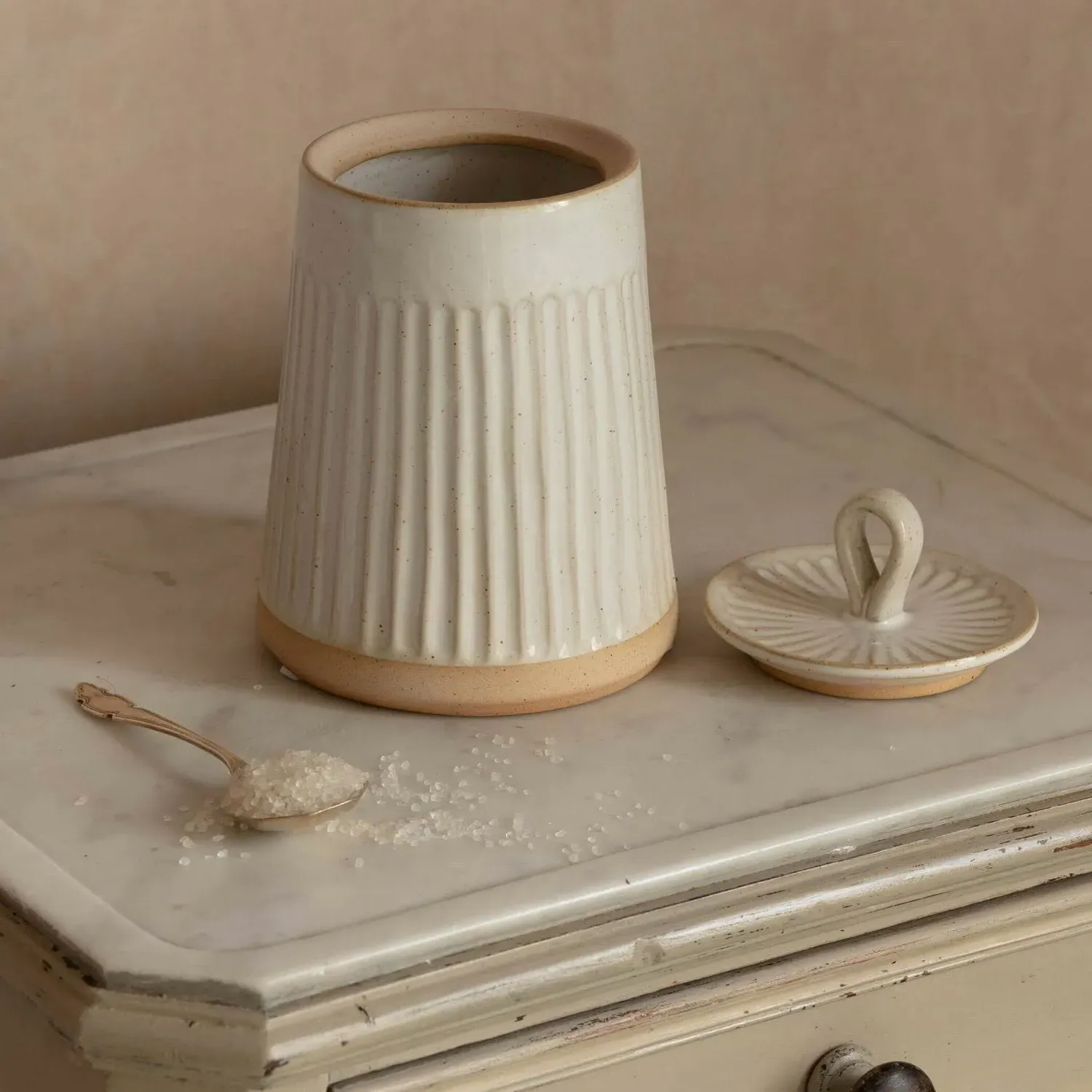 Ribbed Jar with Lid - White, Ceramic