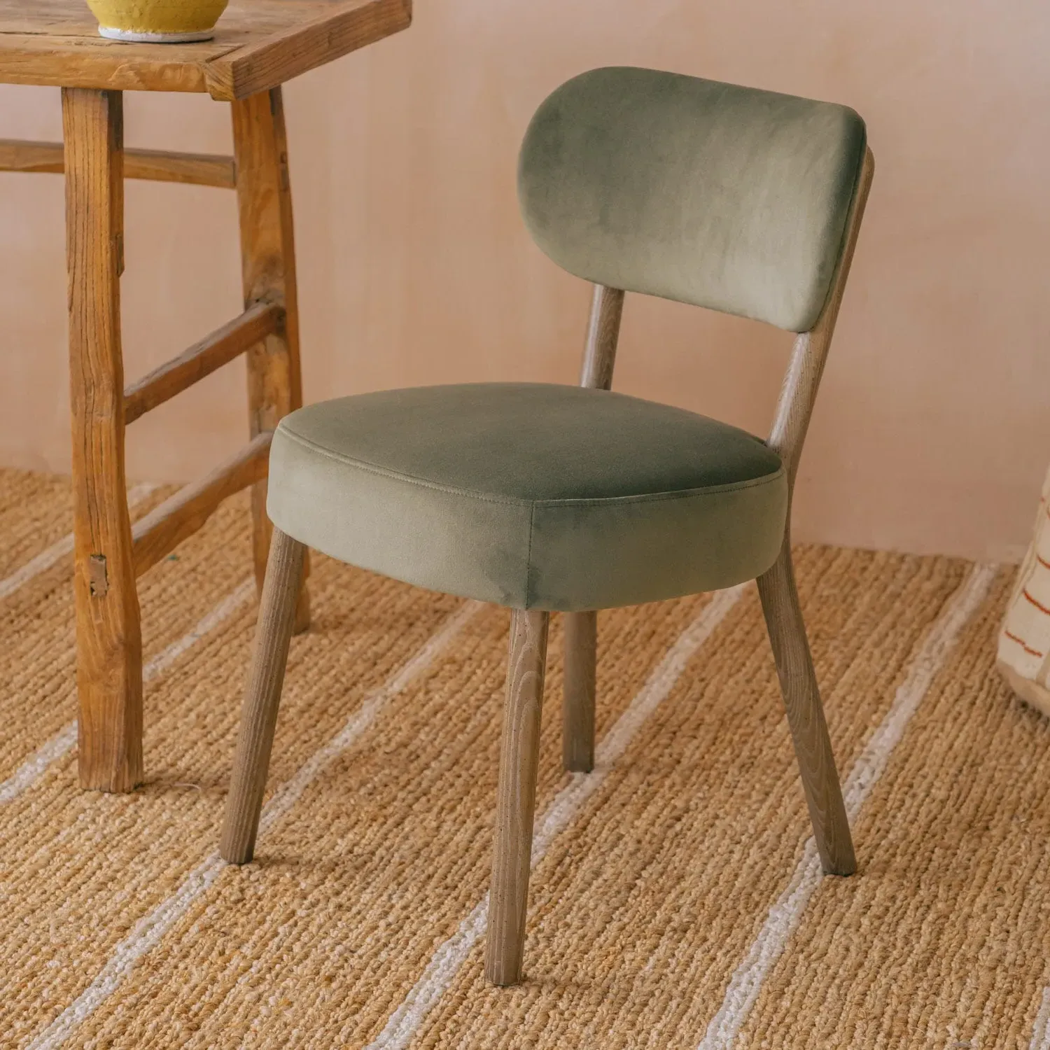 Rigby Dining Chair with Natural Legs - Moss Green, Velvet
