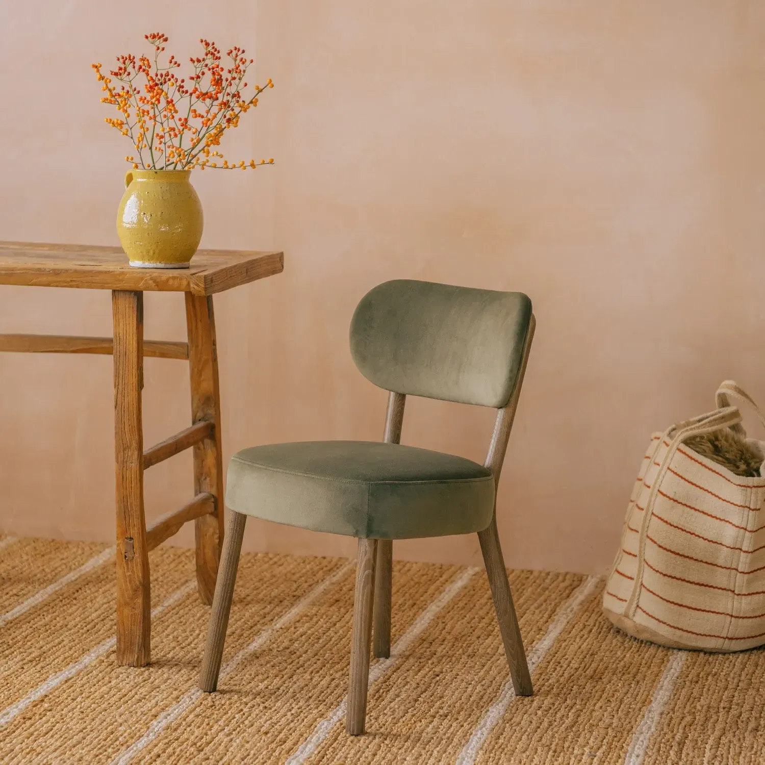 Rigby Dining Chair with Natural Legs - Moss Green, Velvet