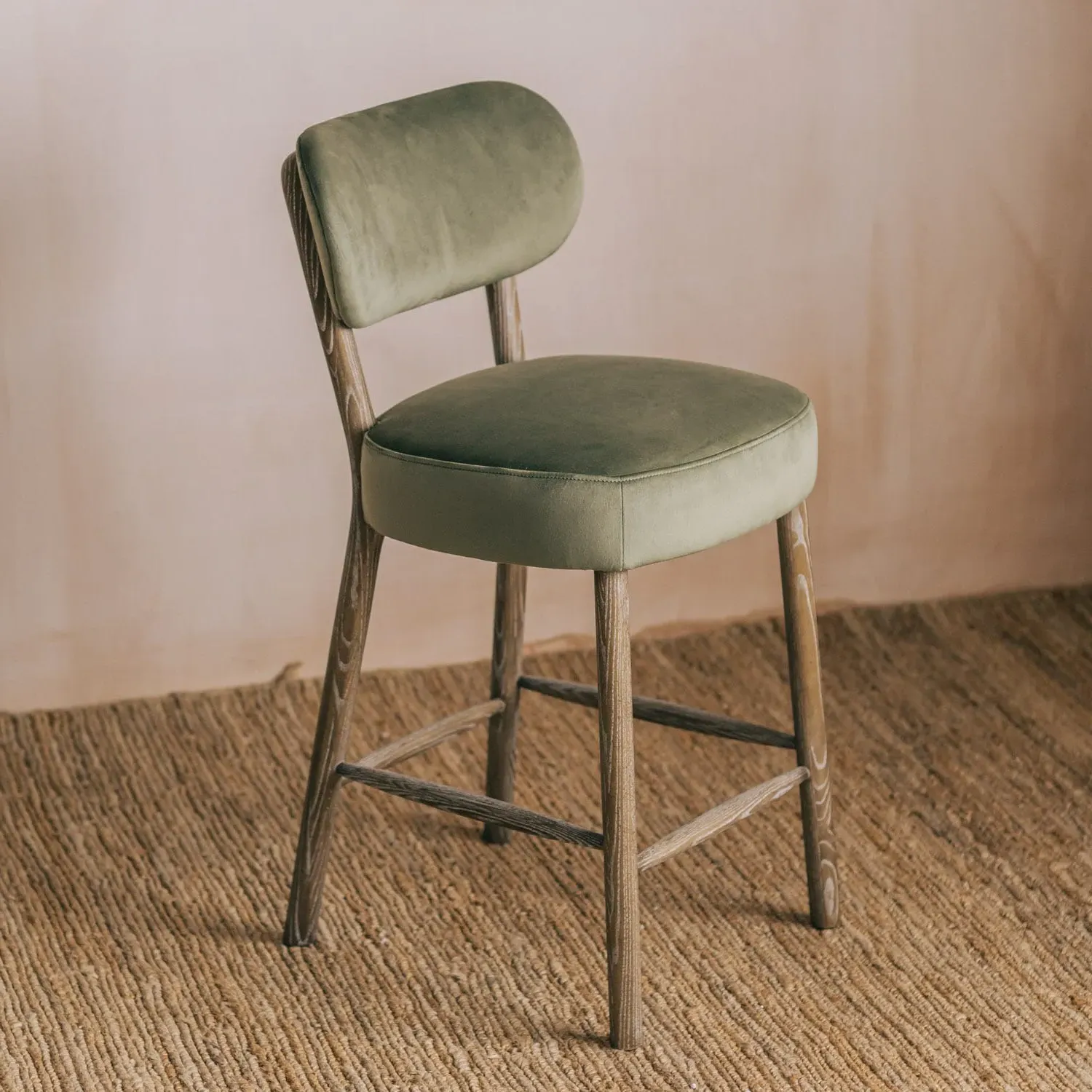 Rigby Kitchen Stool with Natural Legs - Moss Green, Velvet