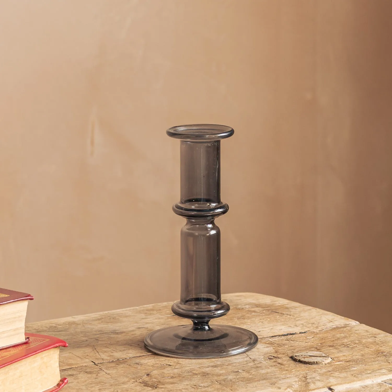 Ringed Glass Candle Holder - Grey