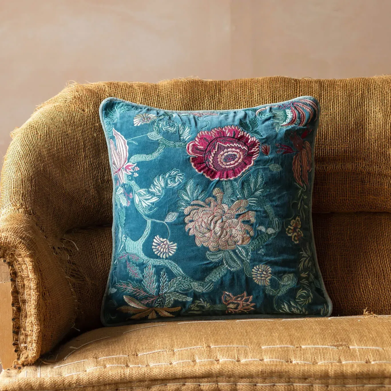 Rosalind Embroidered Square Cushion - Pink, Velvet